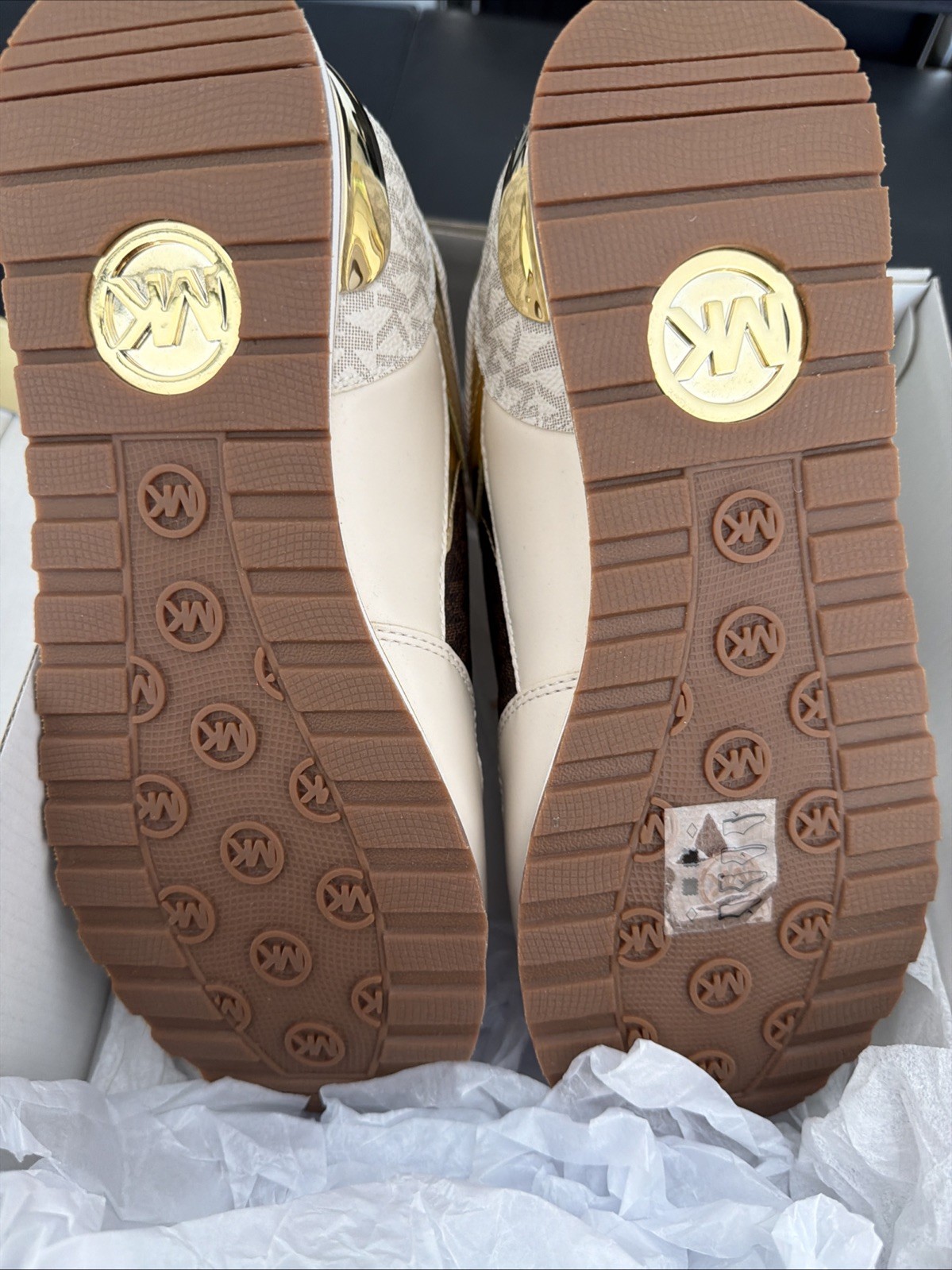 Michael Kors Brown And Beige And Gold Tennis Shoes Size 8 1/2 Women. Wilma Train