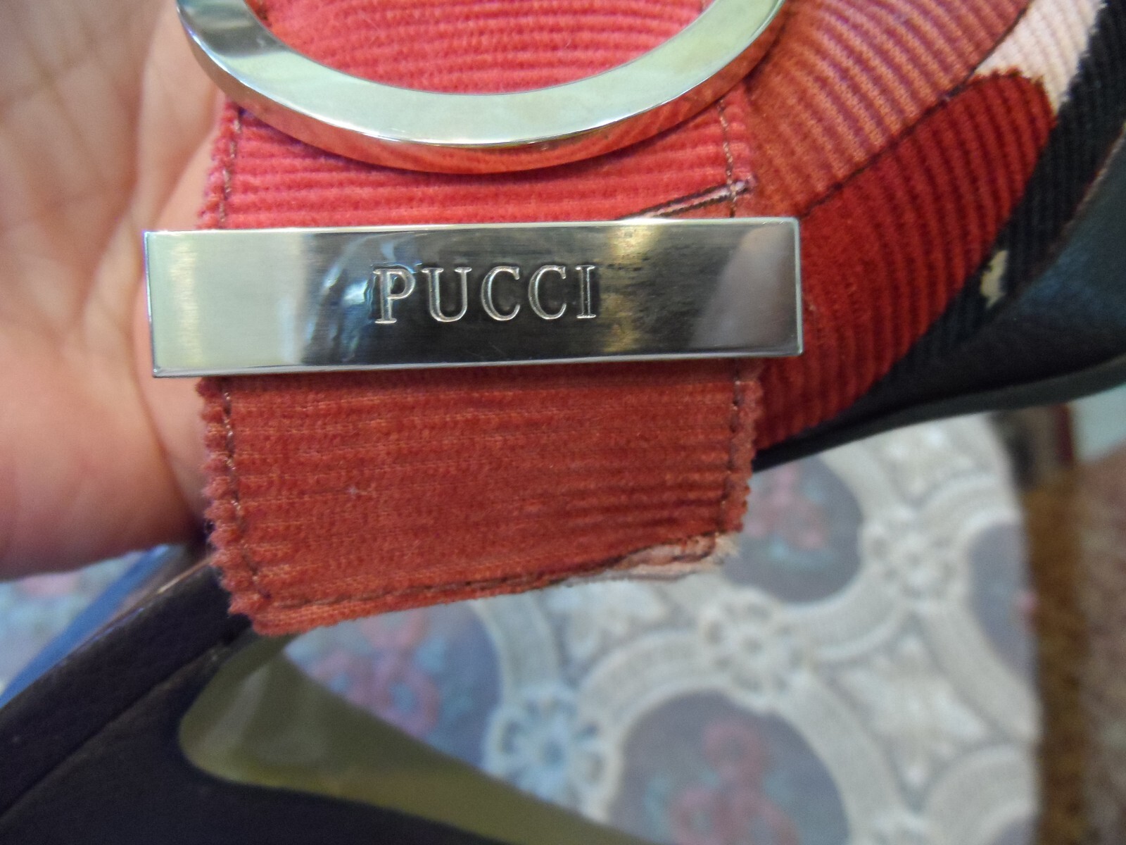 Emilio Pucci Brown Multi Color Corduroy Mules w/Gold LOGO Buckled Size 37.5B