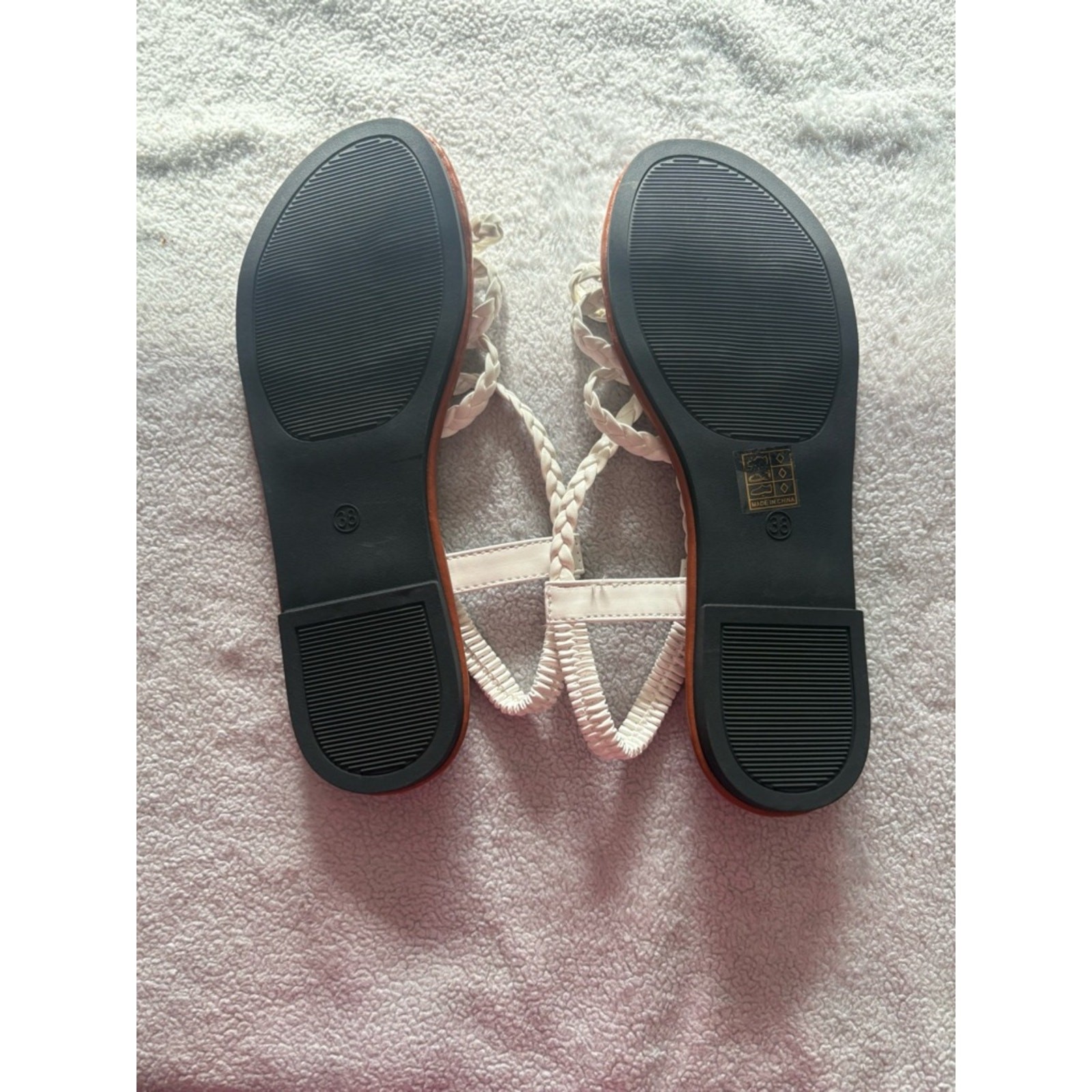White Braided Strap Sandals Size 38 (US 7) Brown Sole Summer Flats