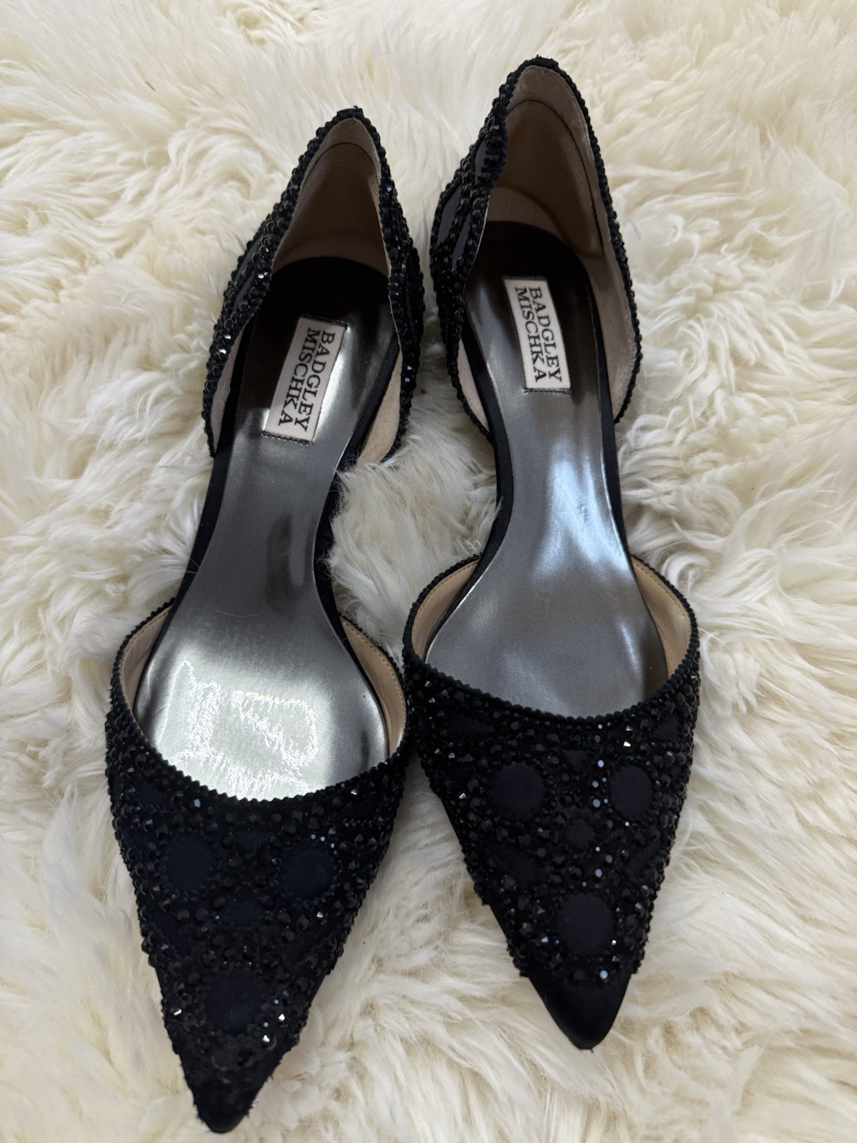 Badgley Mischka Black Satin Beaded Rhinestone D’Orsay Pointed Toe Heels 8.5