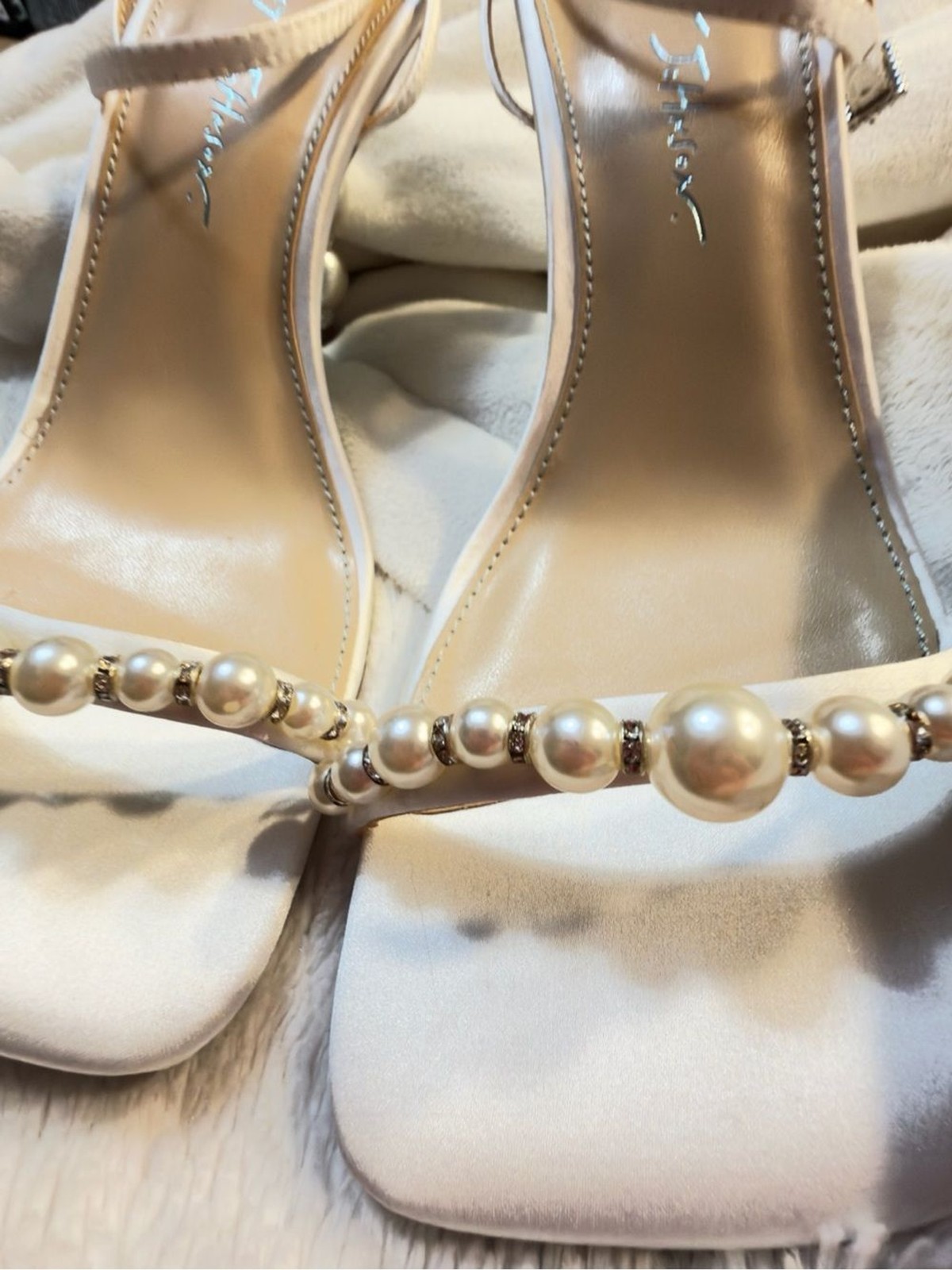 Betsey Johnson SB-Jacy Ivory Pearl-Embellished Ankle Strap Heels size 7.5