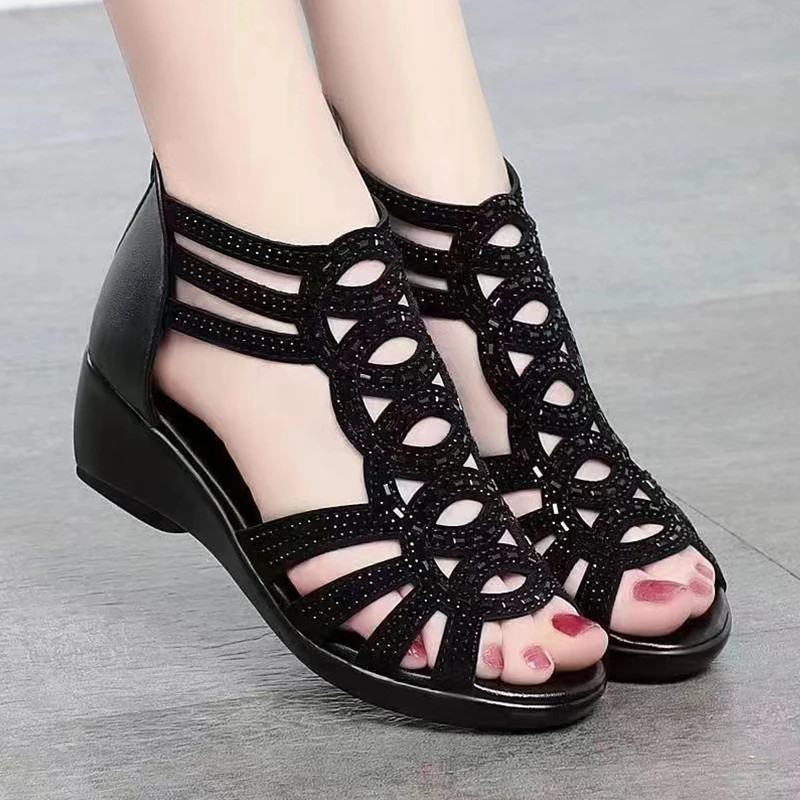 Soft Leather Roman Sandals Women Summer New Soft Sole Outwear Women’s Wedge