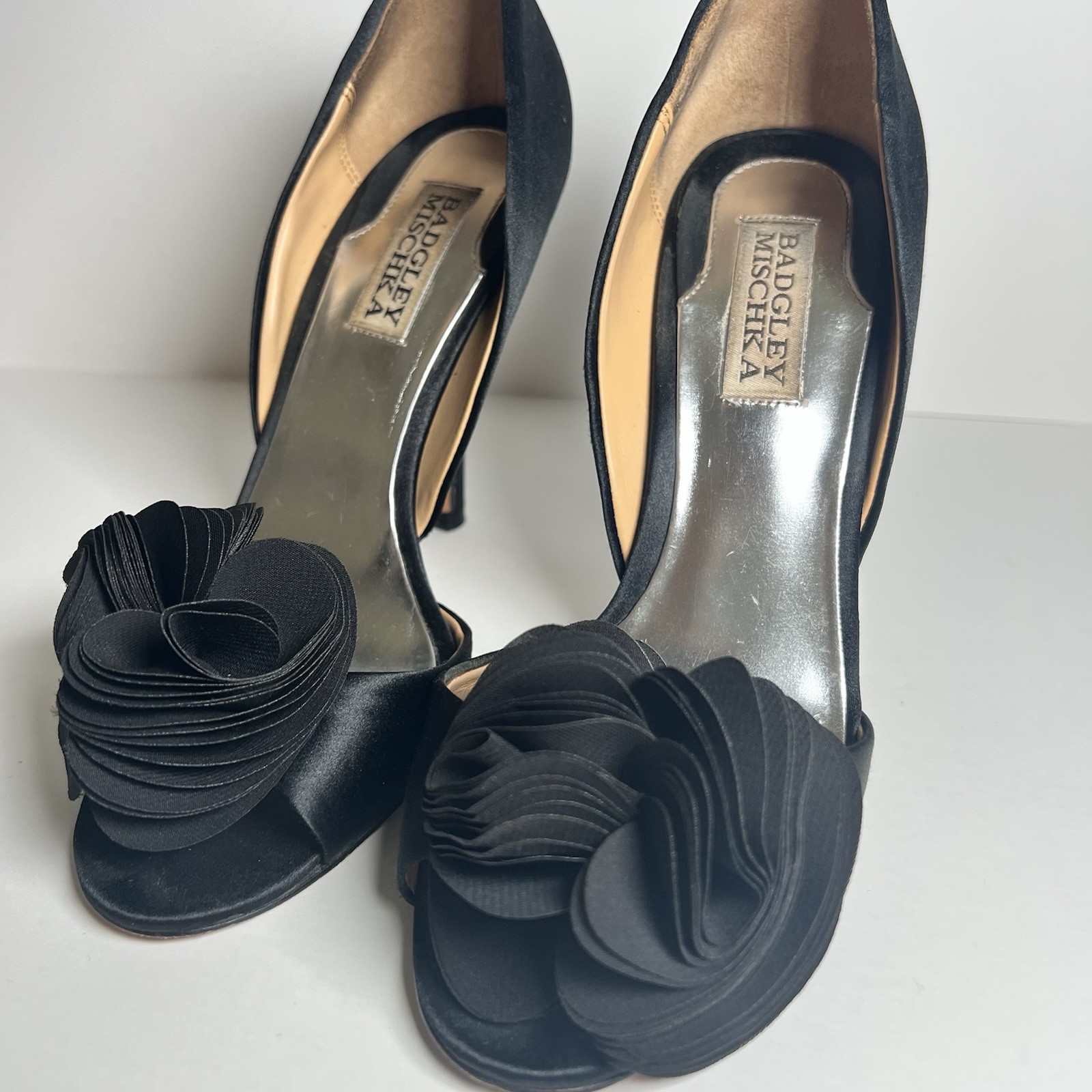 Badgley Mischka Black D’Orsay Peep Toe Satin Stiletto Heels Flower US 6.5/ EU 36