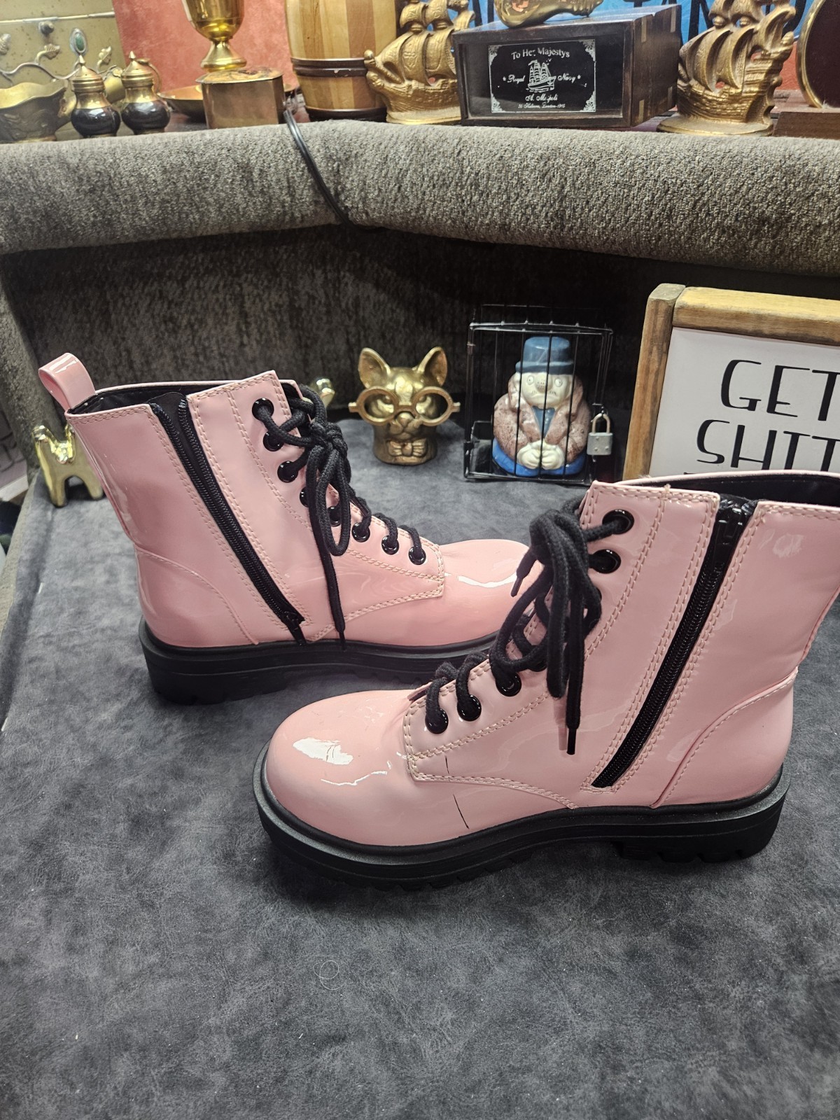Pink Shiny Combat Boots with Black lace Size 8 1/2 SODA