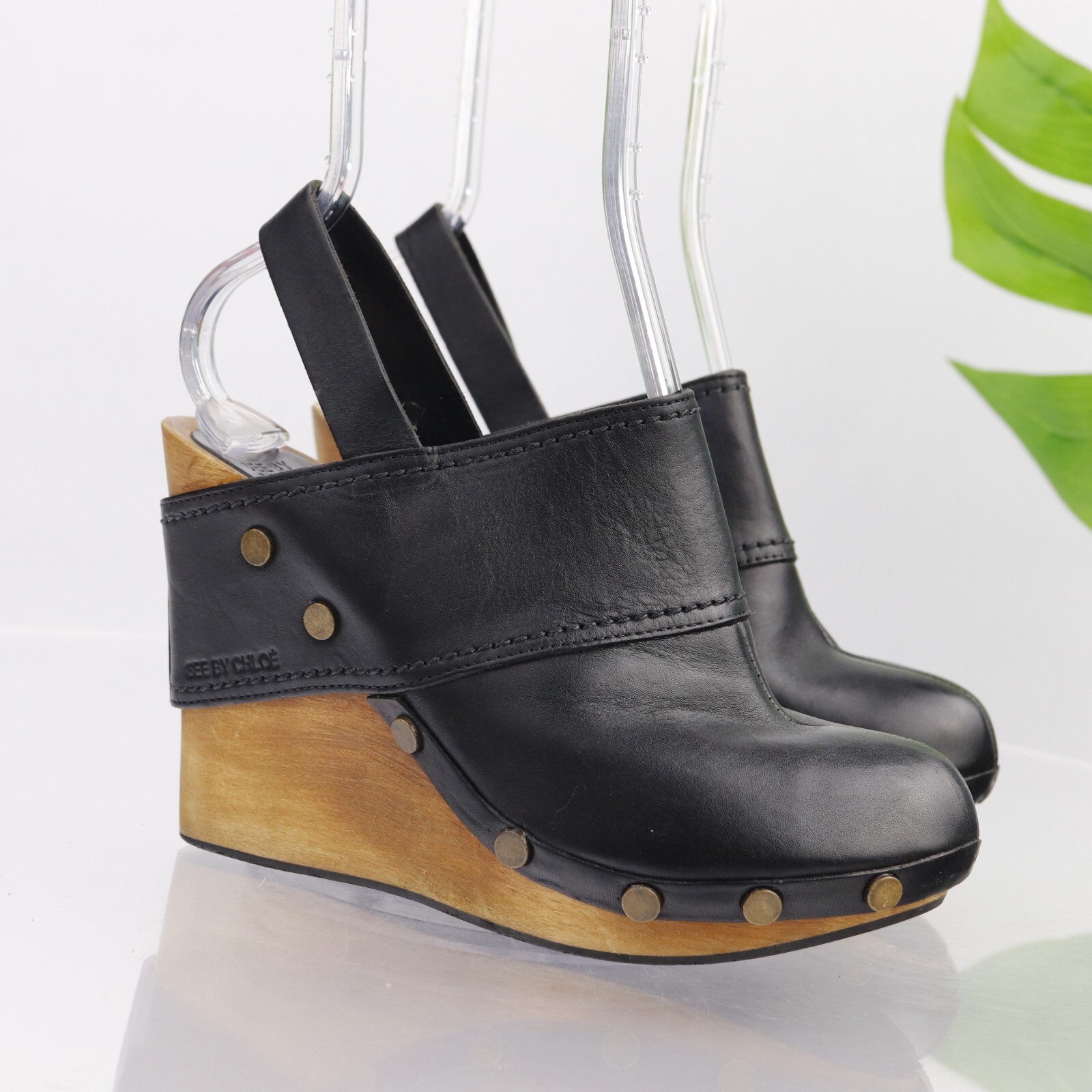 See By Chloe Womens Pump Size 39 9 Black Leather Studded Wooden Wedge Clog Sling