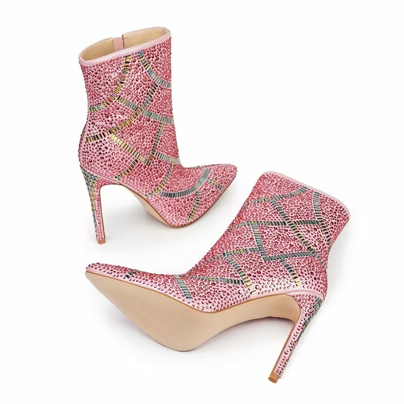 8 TOP QUALITY Womens Sexy Rhinestone gems Studded Stiletto Boots diamond PINK