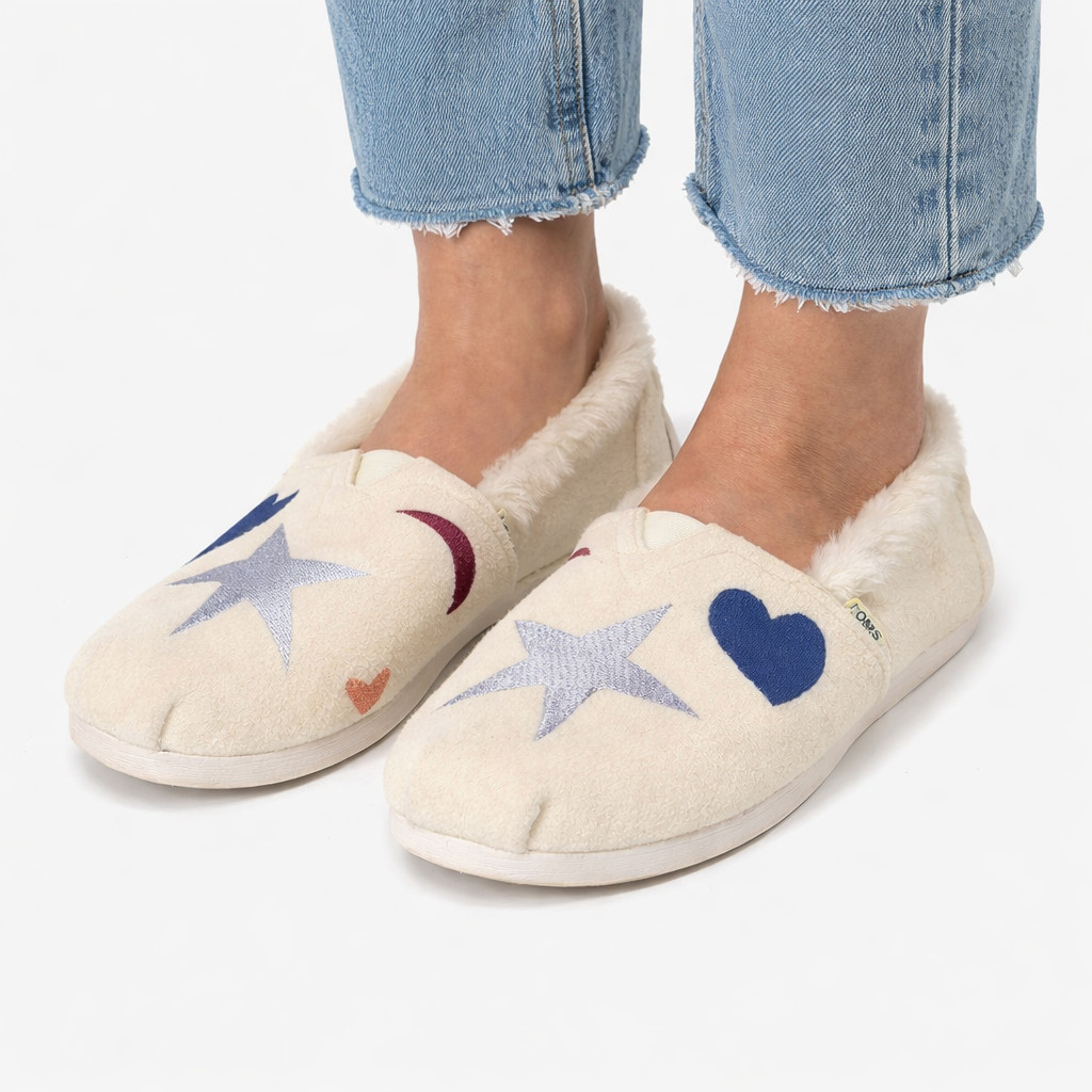 Toms Alpargata Faux Fur Lined Slip-On Shoes Women’s Size 6W Cream Hearts & Stars