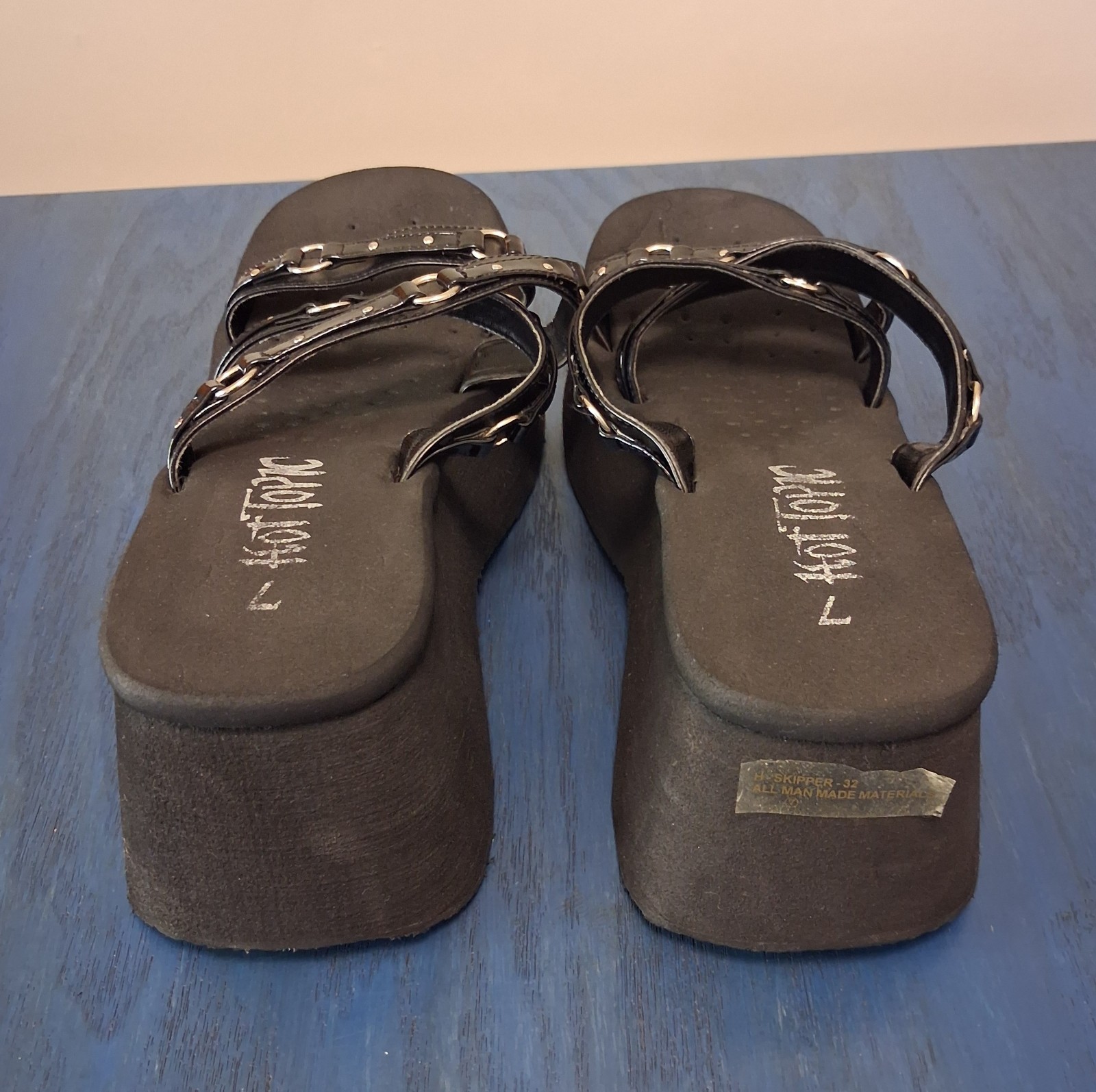 Vintage Y2K Hot Topic Platform Sandals Chunky Wedge Black Strap O-Ring Size 7