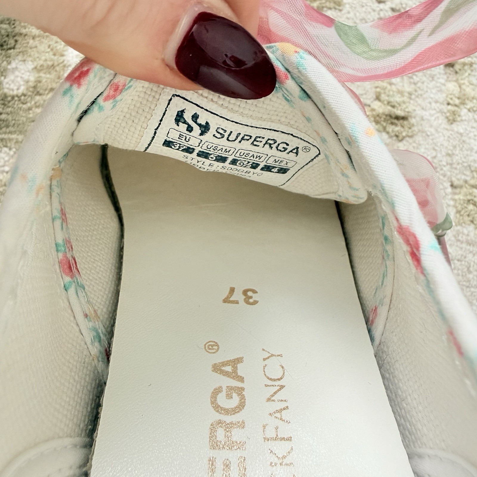 Superga x LoveShackFancy Floral Ribbon Sneakers Size 37 White Pink