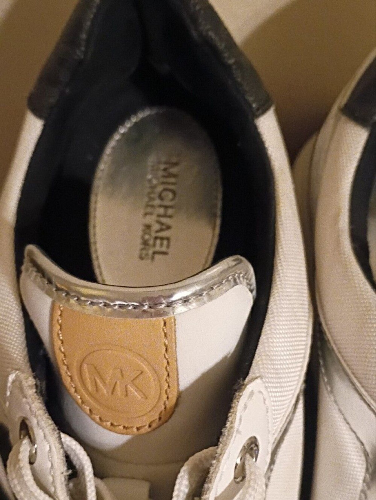 Michael Kors Maddy Trainer White & Silver Logo-Accent Sneakers Size 8.5