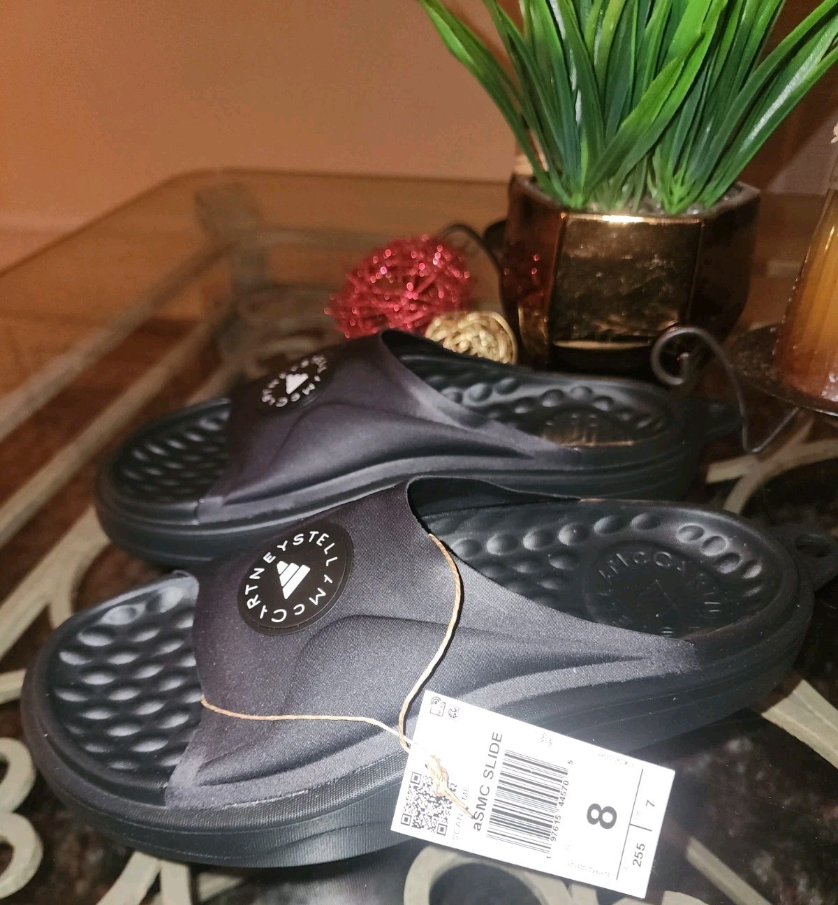 Adidas X Stella McCartney Slides Black SM Trifoil Logo JS0265 Women 8/ 8.5 NWT!