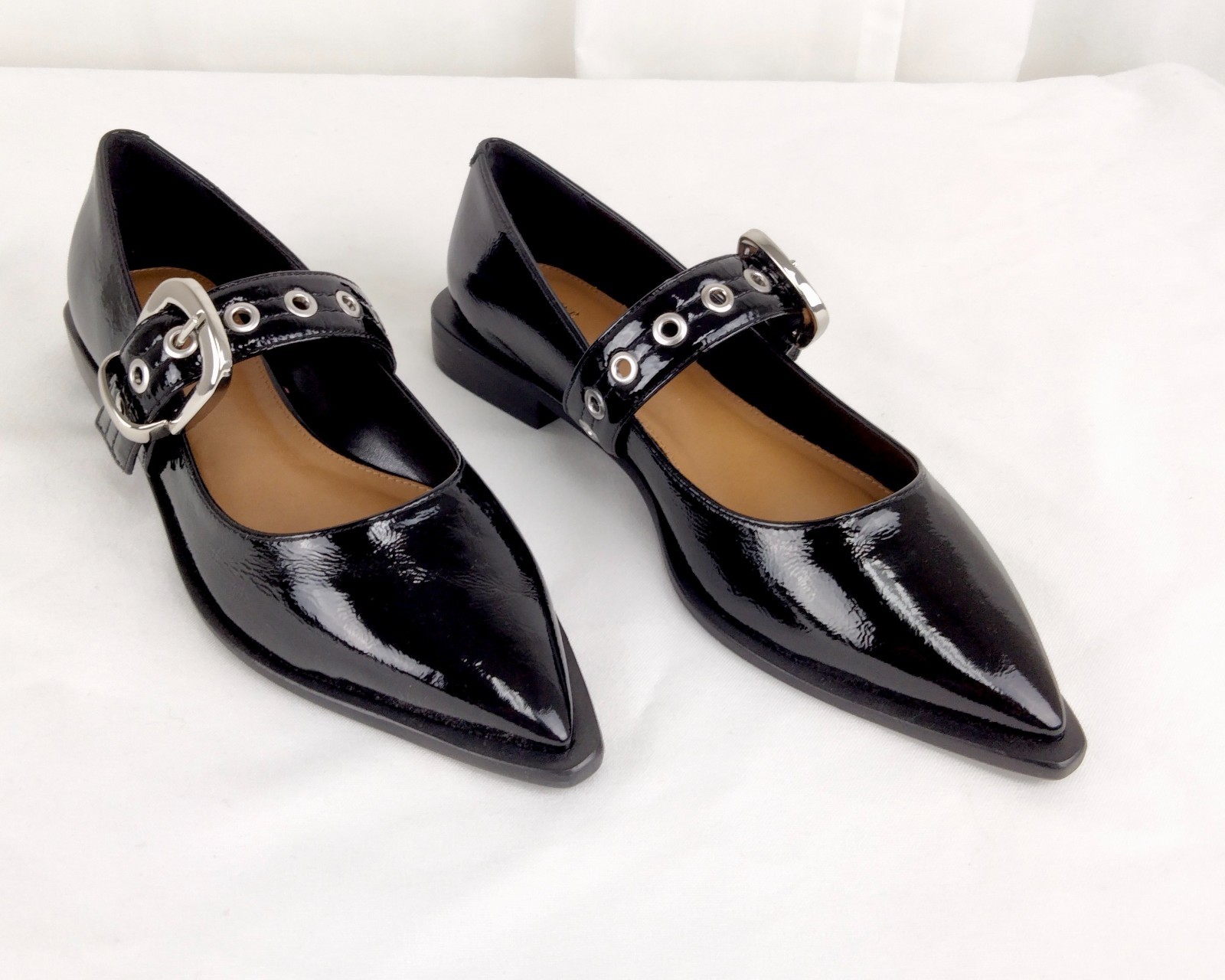 Maeve Pointed-Toe Moto Mary Jane Flats – Black Patent Leather – Size 38 US 7.5