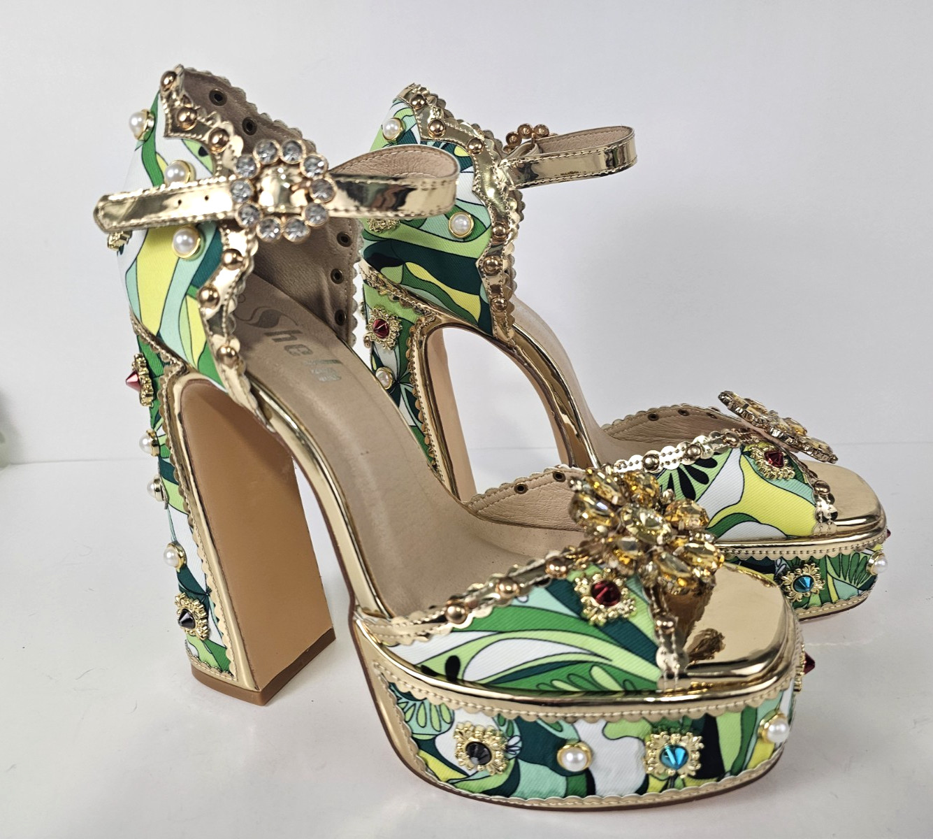 Retro 70s Style Rhinestone Pearl Embellished Platform Shoe Sandals S10 Jeweled