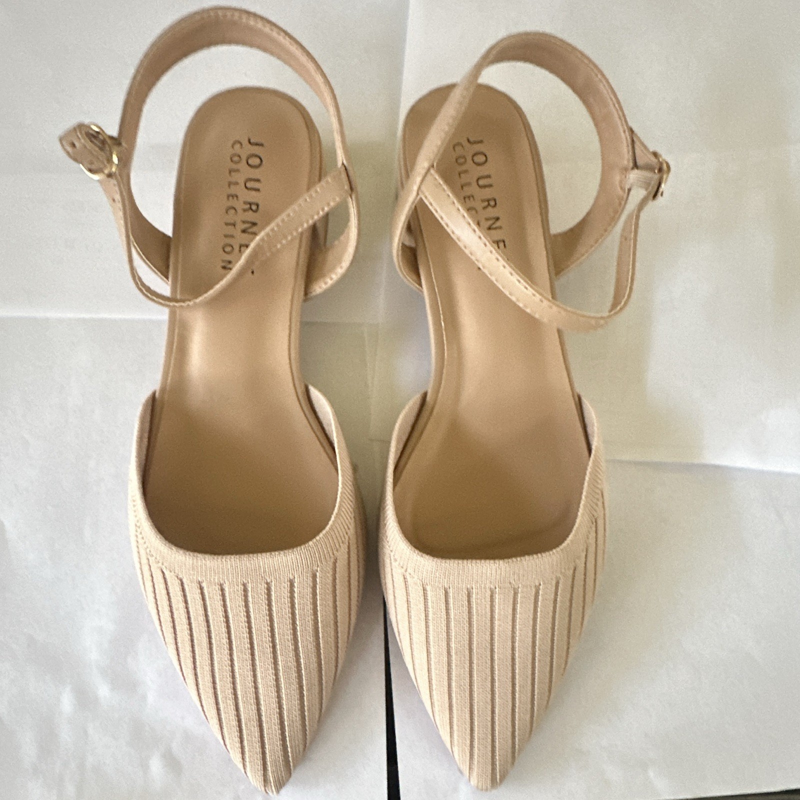 Journee Collection Beige Pointed Toe Ankle Strap Block Heel Buckle 10