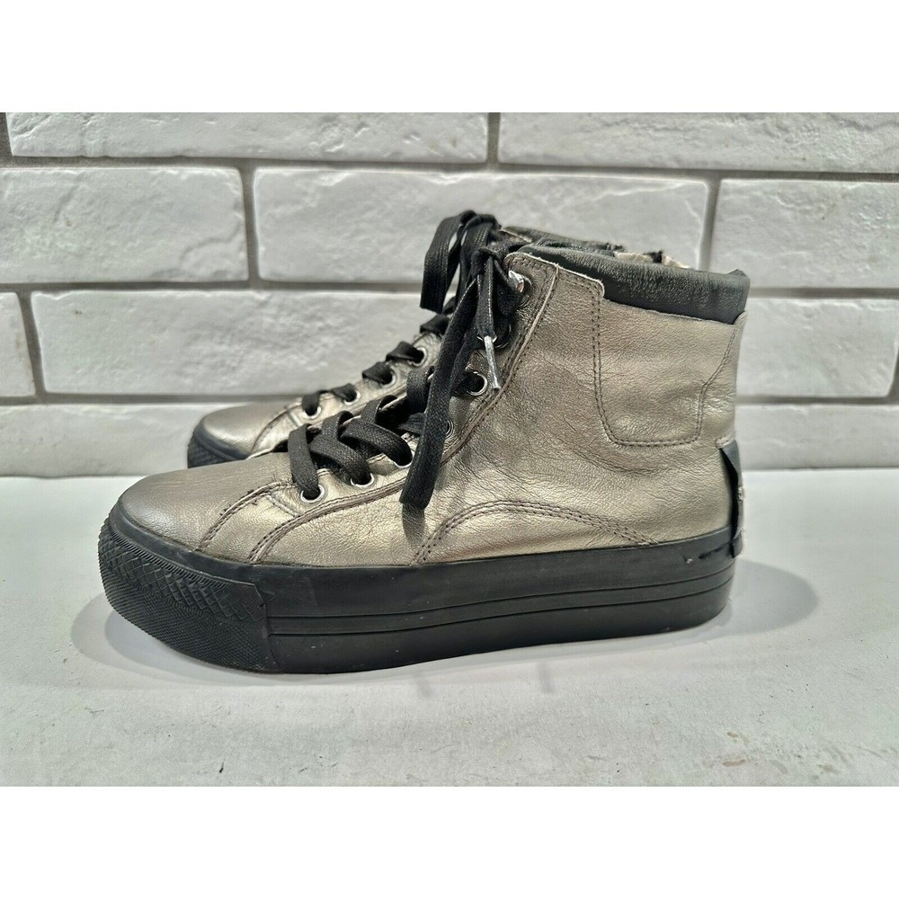 Crime London Silver Leather Distressed Studded Zipper High Top Sneakers 36/6