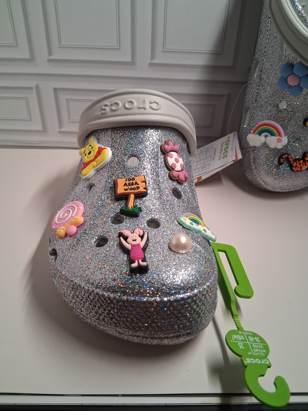 Crocs Baya Glitter Clog Women’s 9 NWT Jibbitz Added By Seller For Pooh Lovers