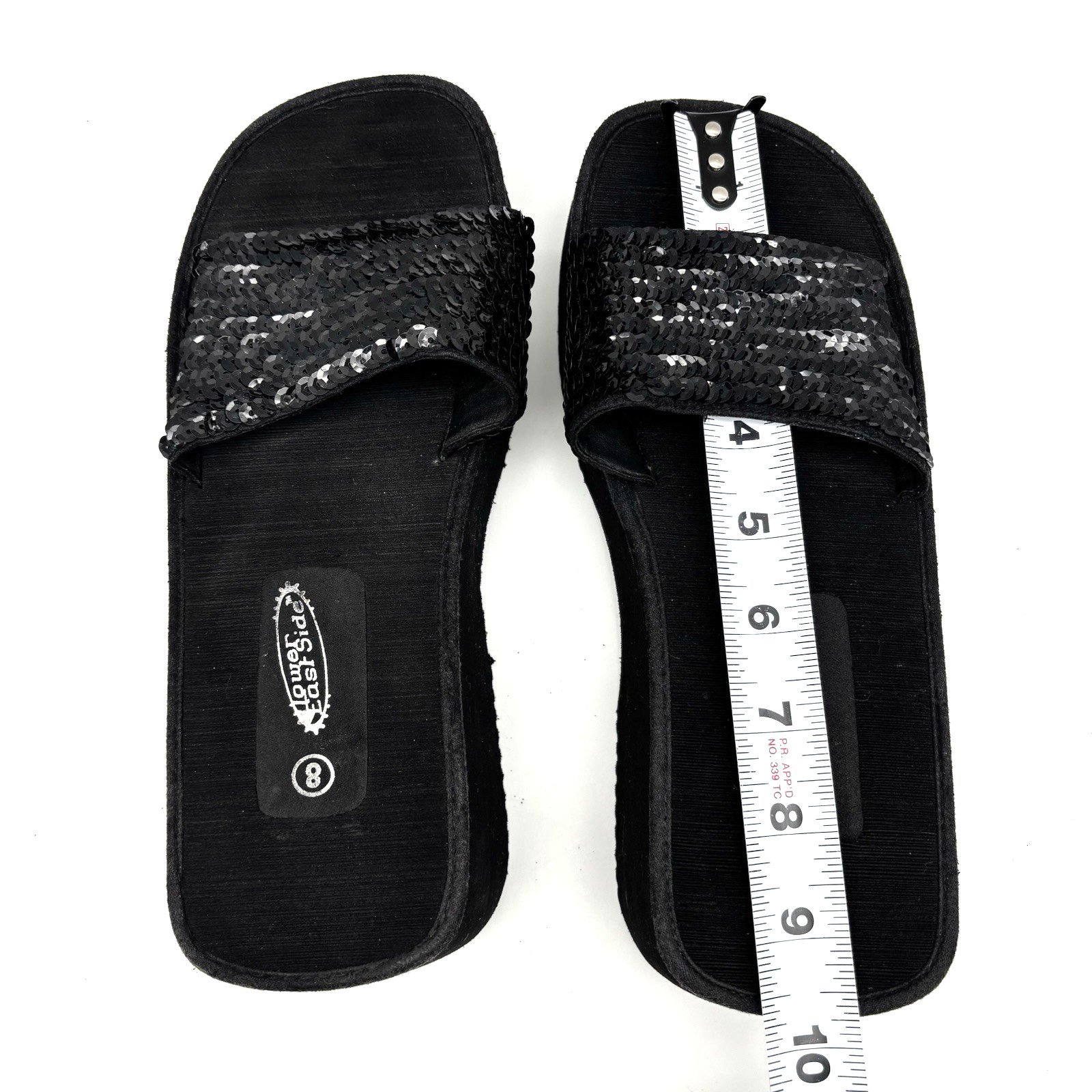 Vintage 90s Y2K Lower East Side 10706 Black Platform Sequin Strap Slide Sandal 8
