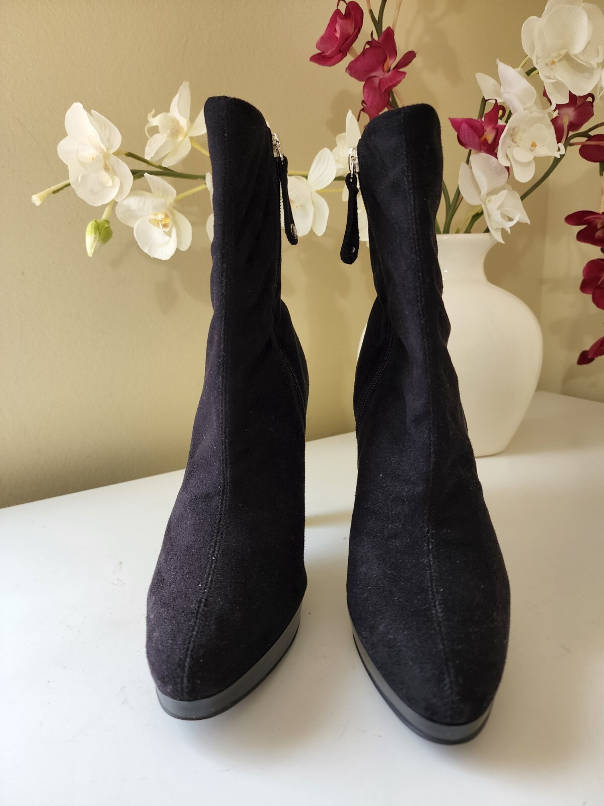 Isaac Mizrahi Brea Black Faux Suede Mid Calf Platform High Heel Boots Sz. 7