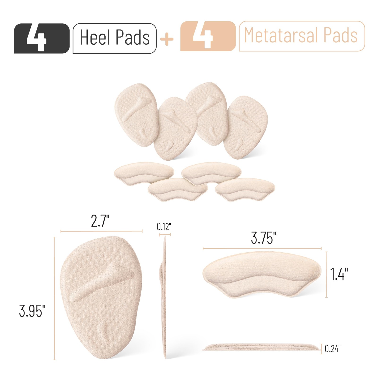 Dr. JK- Metatarsal Pads Women, 8pcs, Beige, 2 Pairs+4 Pads, Beige