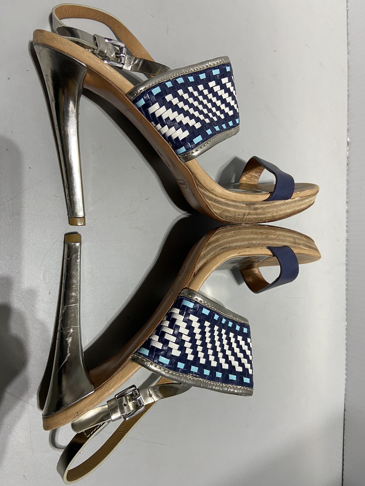 COACH Steffi Heels Pumps Slingback Shoes Blue Tan Silver Women’s Size 8B Q1861