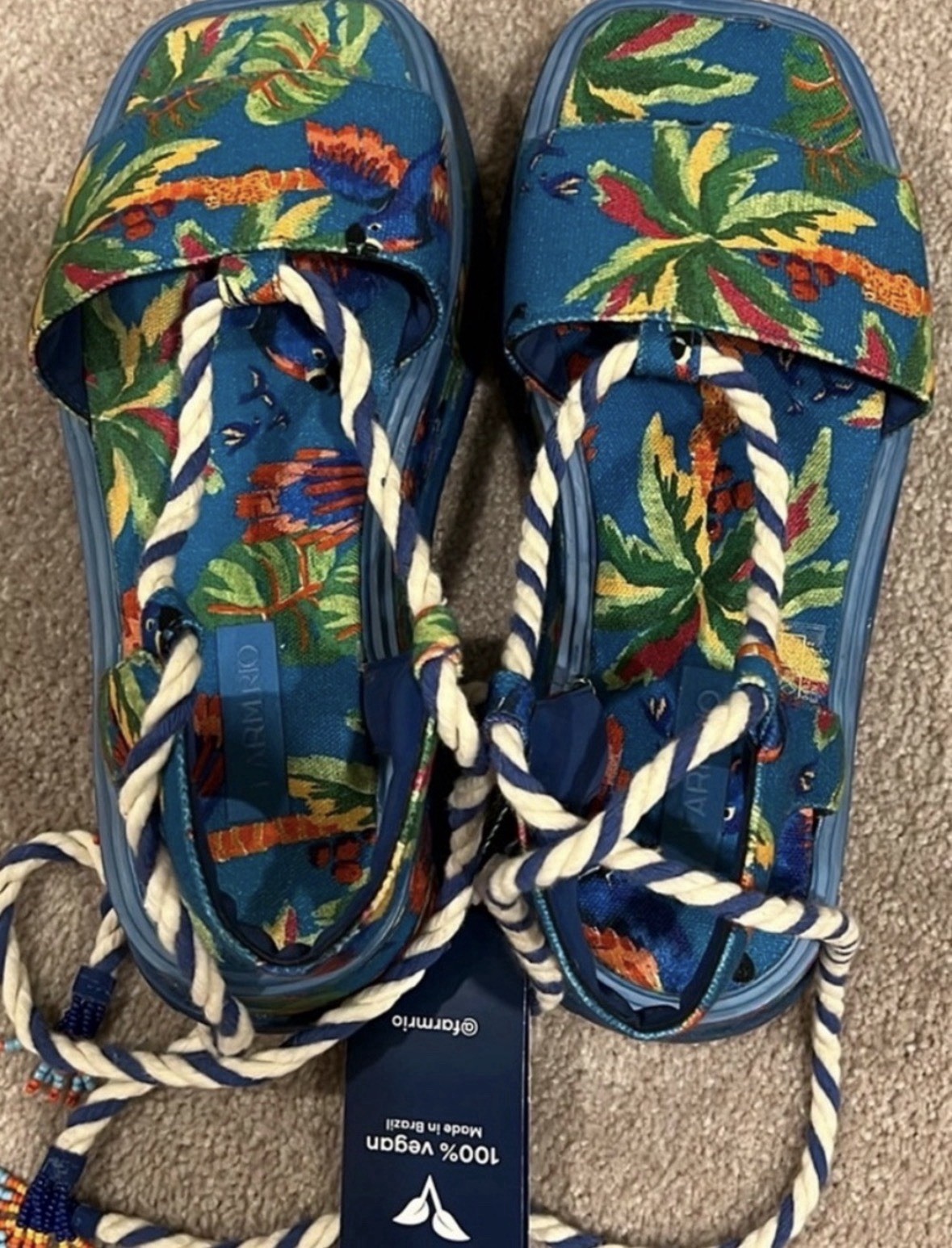 Farm Rio Blue Tropical Floral Rope Lace-Up Strappy Sandals Women’s US 9