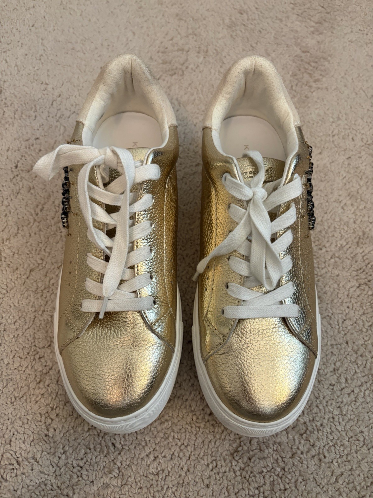 Kurt Geiger London Laney Eye Embellished Gold Leather Platform Sneakers Size 40
