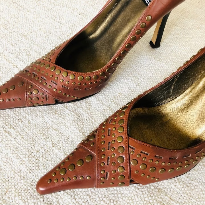 Costablanca Brown Leather Studded Pointed Toe Pumps Size 6