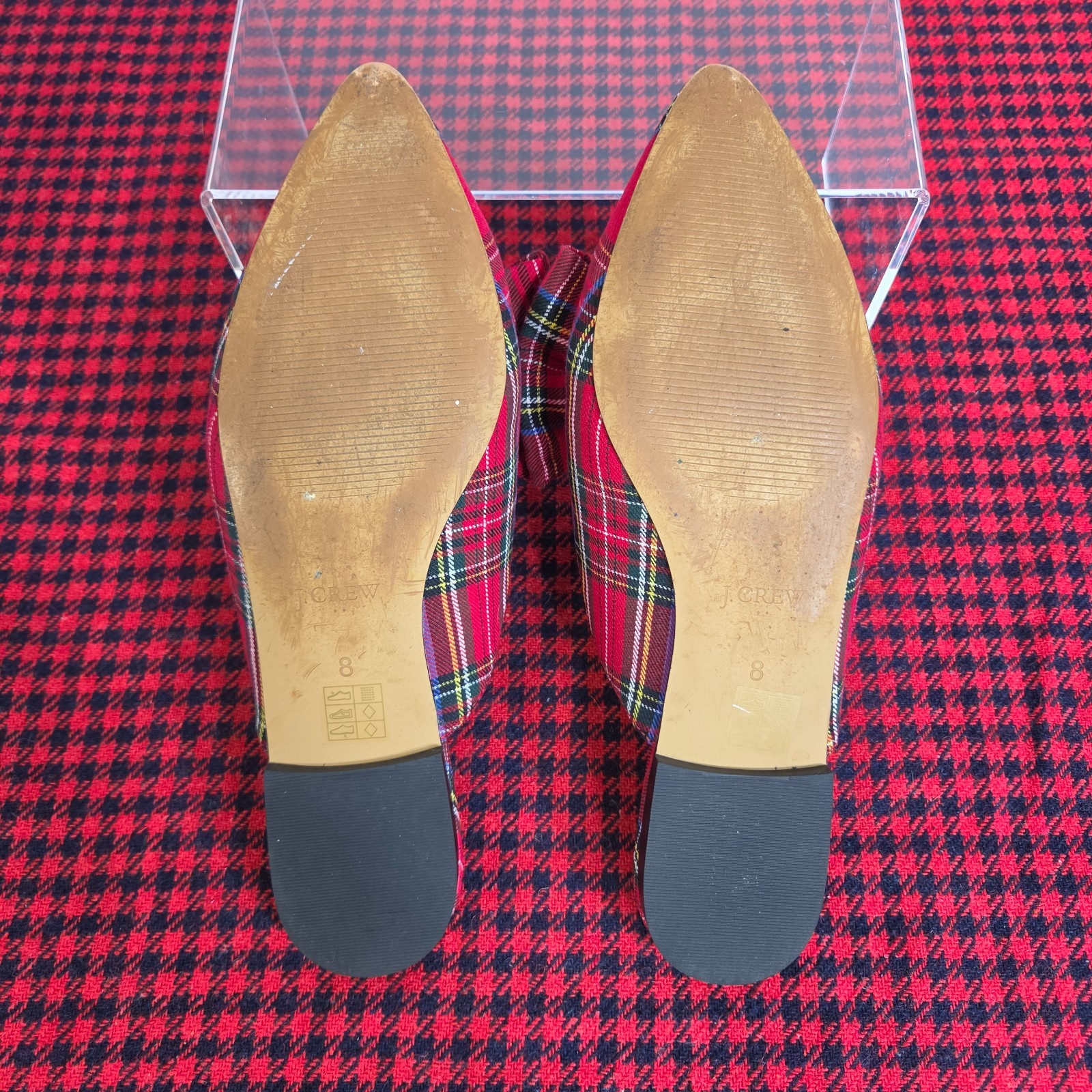 J.Crew Womens Red Tartan Plaid Bow Pointed Toe Christmas Mule Flats Size8 Plaid