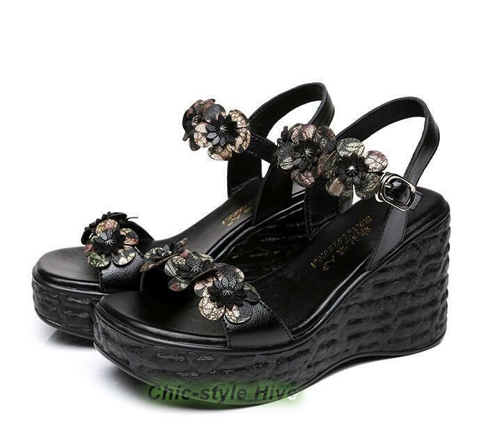 Women Floral Casual Retro Platform Wedge Heels Peep Toe Fashion Sandals Shoes