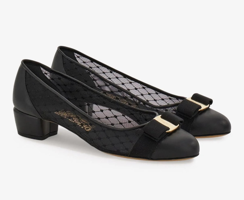 NIB NEW Salvatore Ferragamo Vara Black Leather Mesh Pumps 6 6.5 7 7.5 8 8.5 9 B