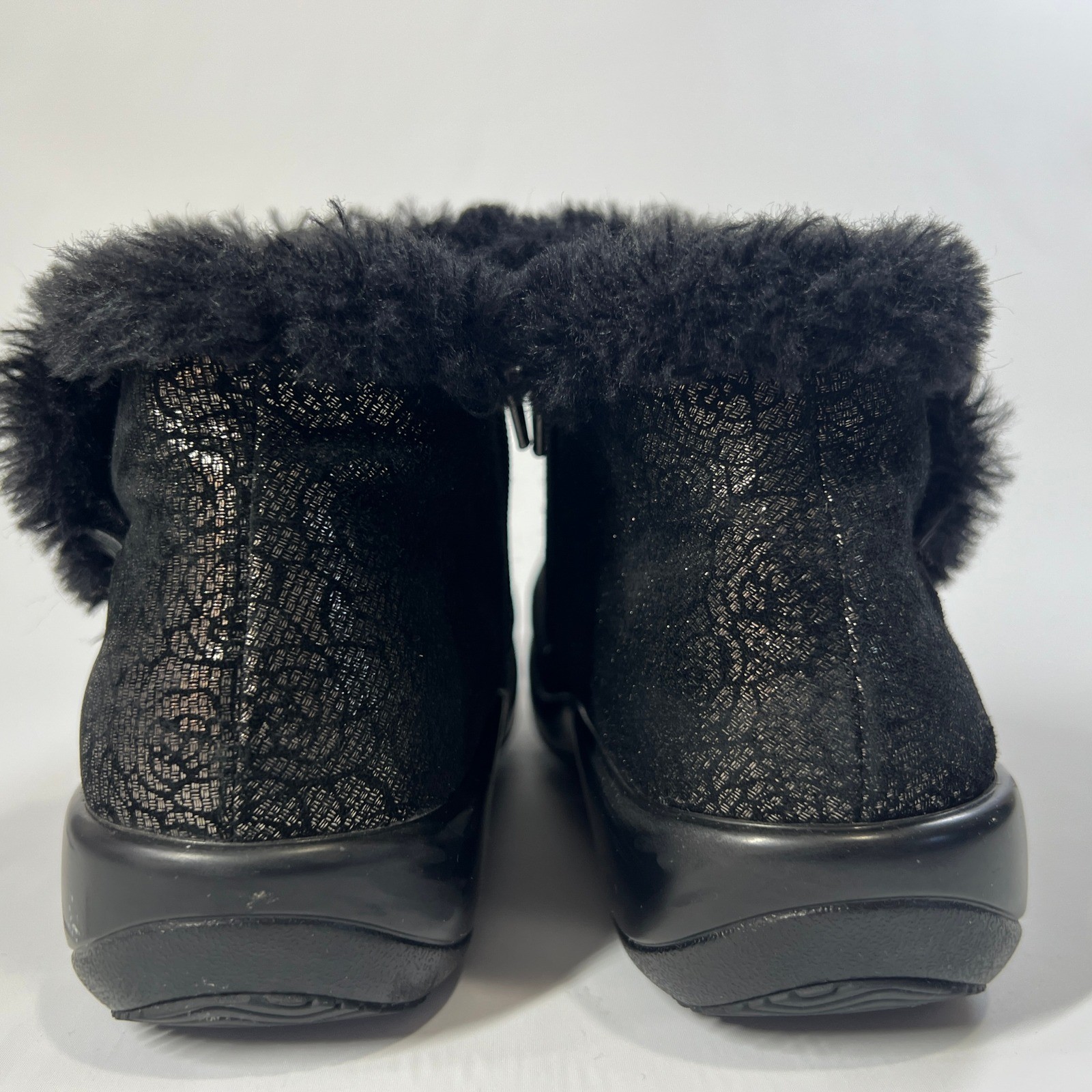 Alegria Meri Black Floral Water-Resistant Leather Ankle Boots Faux Fur Lined 37W