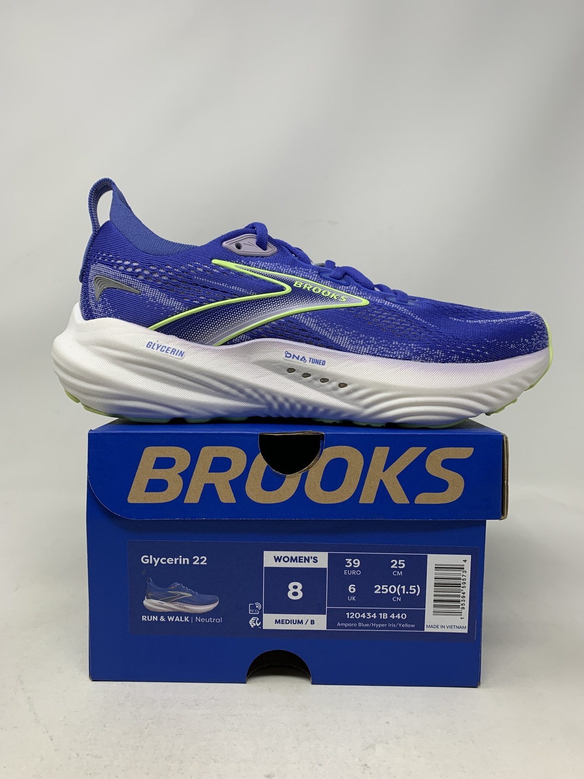 Women’s Brooks Glycerin 22, Amparo Blue/Hyper Iris/Yellow, 8 B Medium US