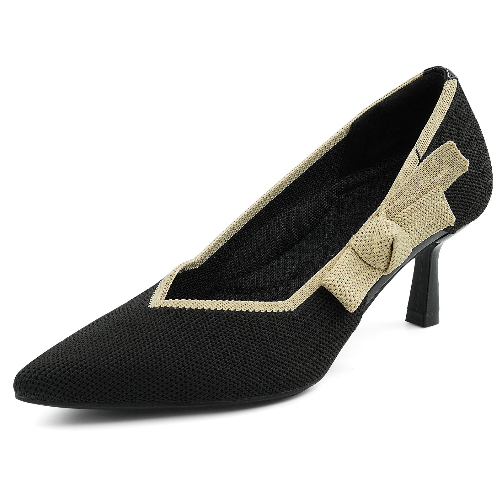 Knit Bow Kitten Heels 2.1″ Low Heel Pointed Toe Pumps Non-Slip Sole Dressy Shoes