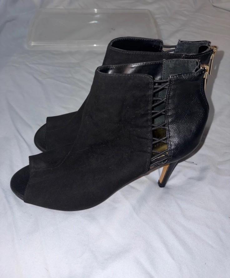 Thalia Sodi Kaarmen Peep Toe Heeled Ankle Boots, Size 8, Suede & Faux Leather