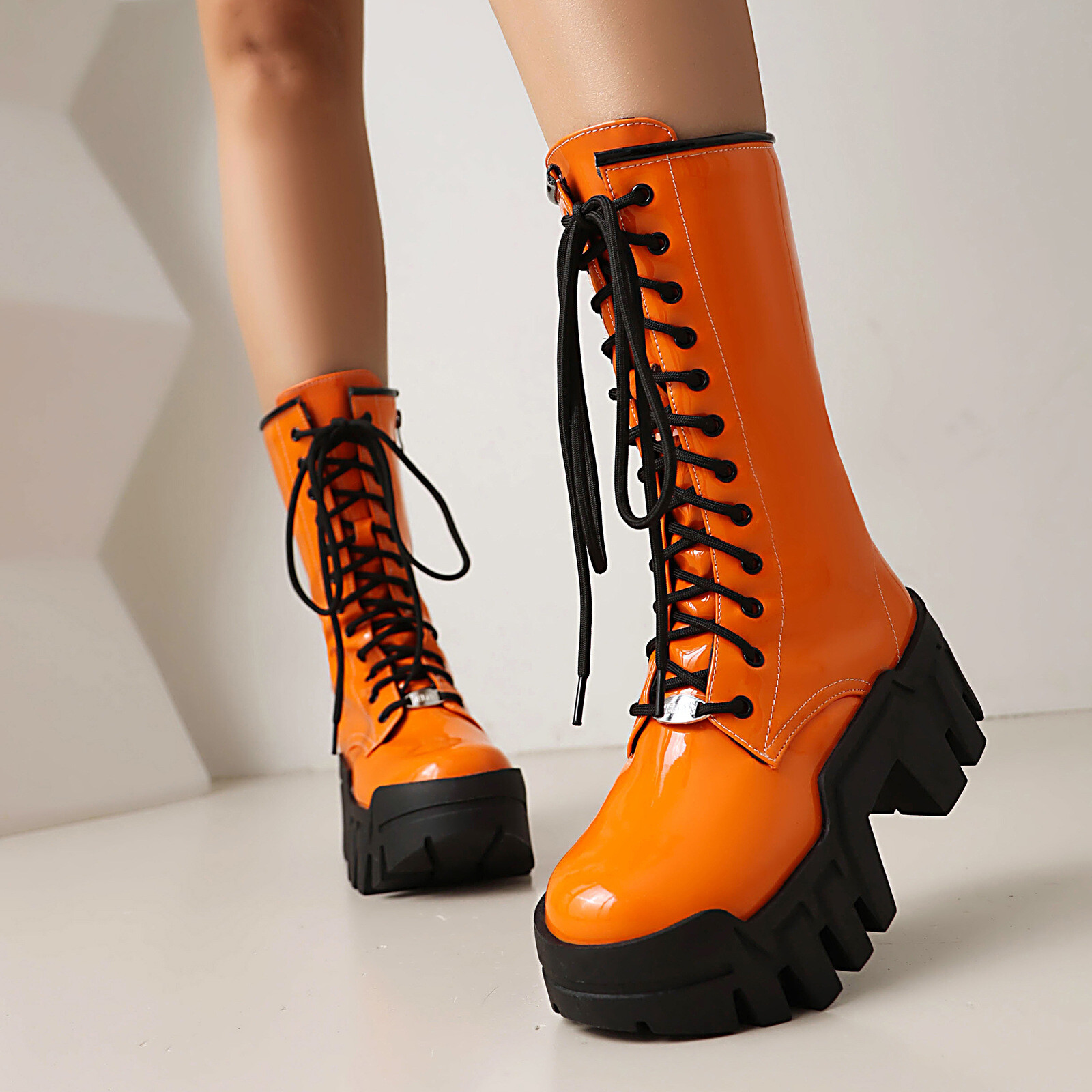 Gothic Women’s Platform Chunky Thick Sole Mid Calf Heel Boots Shiny Leather Punk