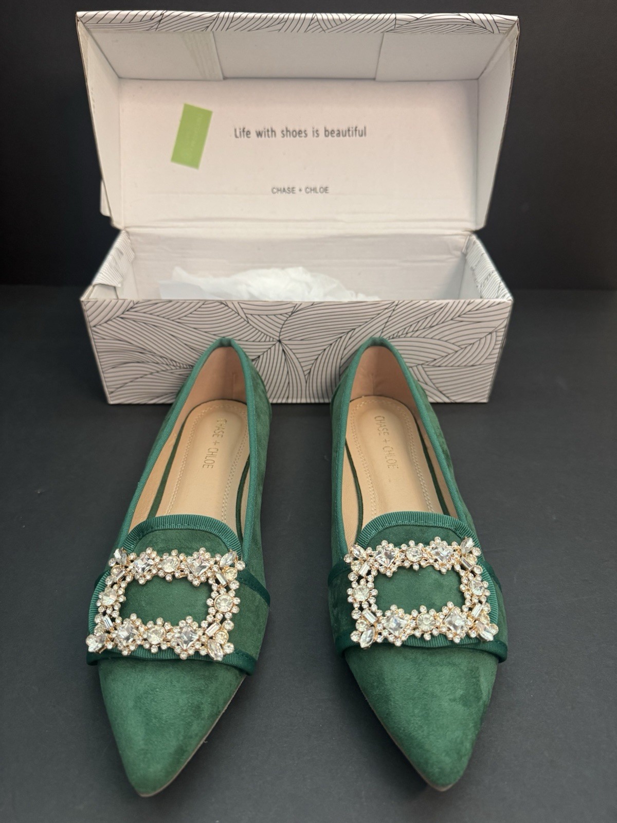 Emerald Suede Size 10 Flats Chase + Chloe Women’s Shoes New In Box