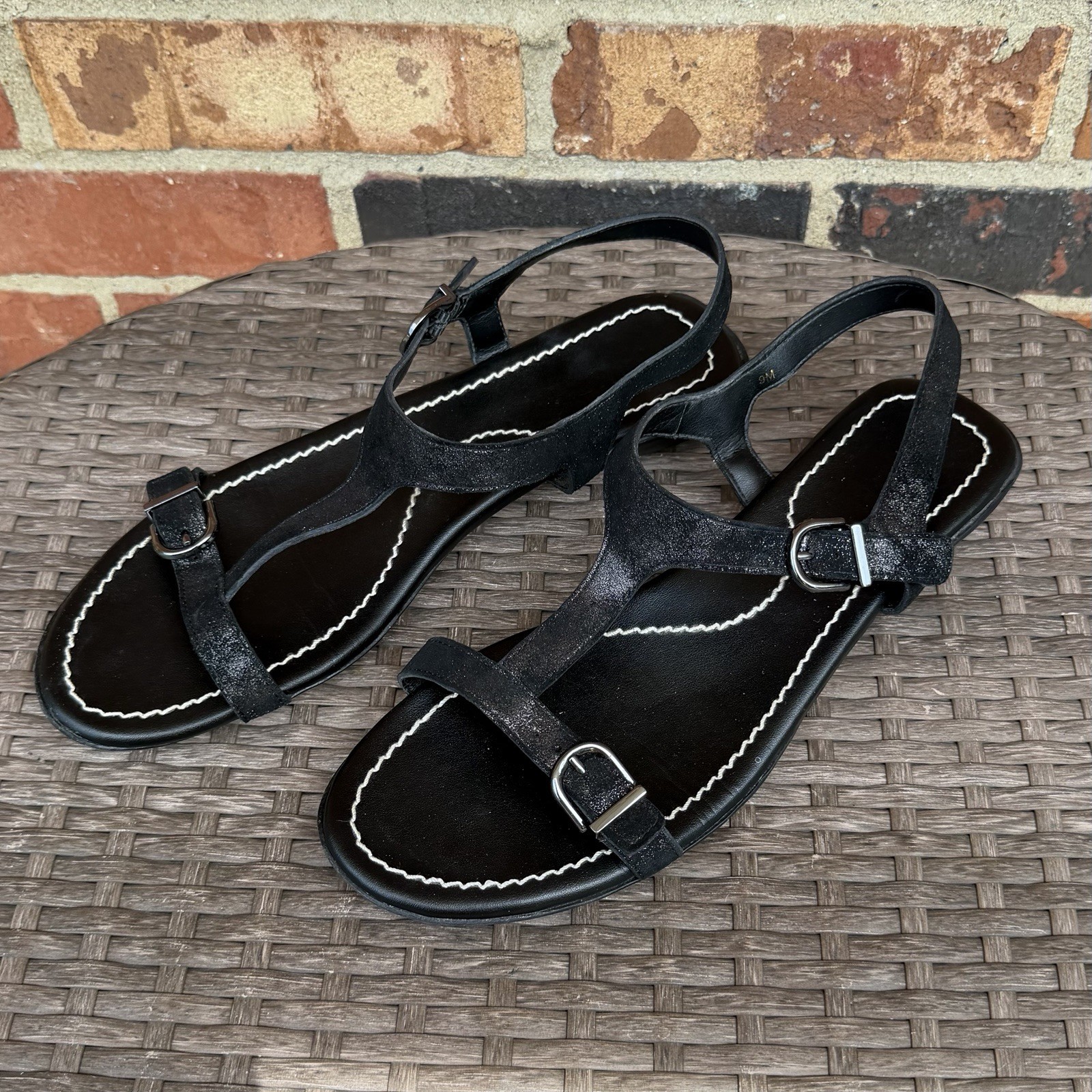 Vaneli Taletha Sandals Women Sz 9 Glitter Black Strappy White Stitching Leather