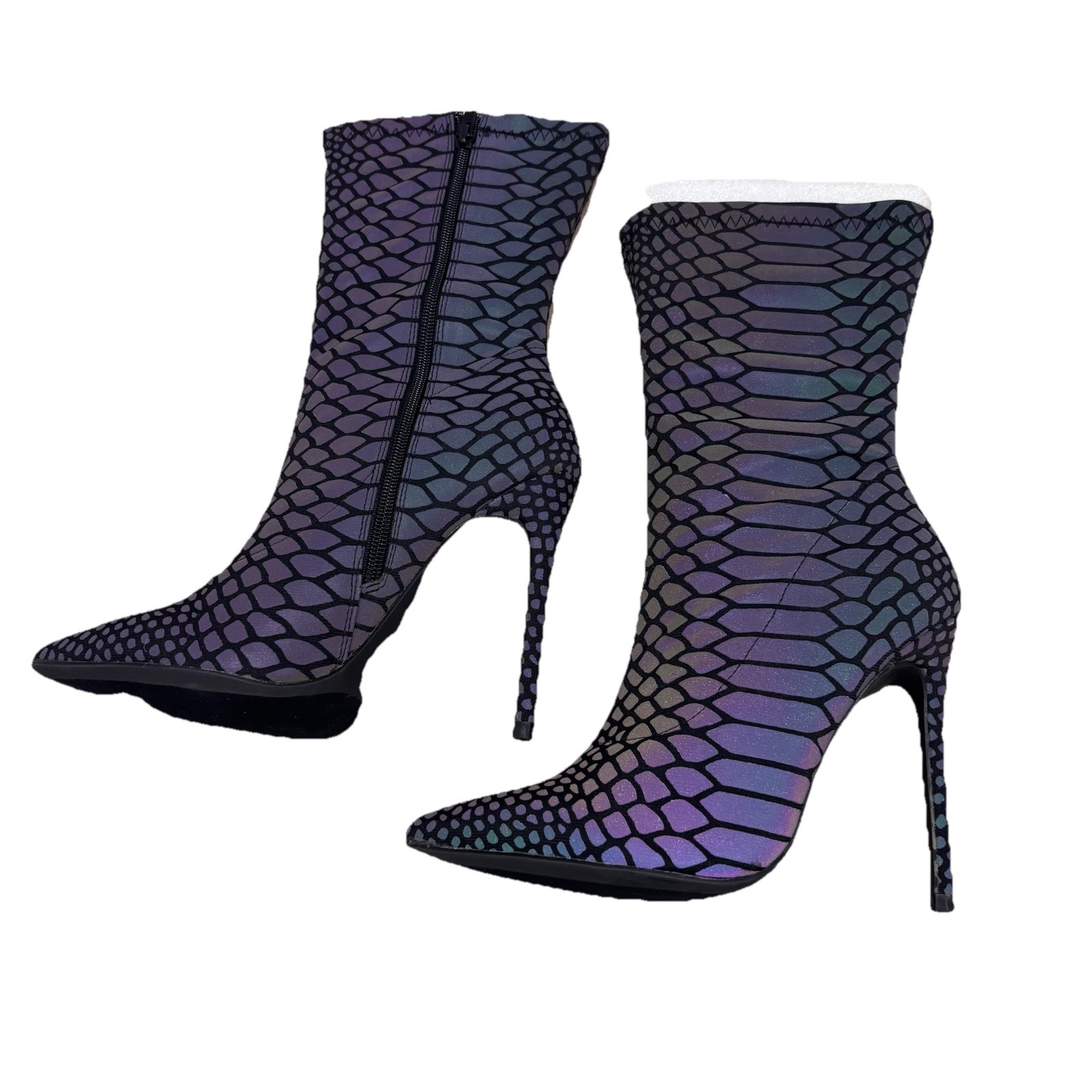 Metallic Snakeskin Ankle Boots Size 6.5 Iridescent Stiletto Heel Pointed Toe NIB