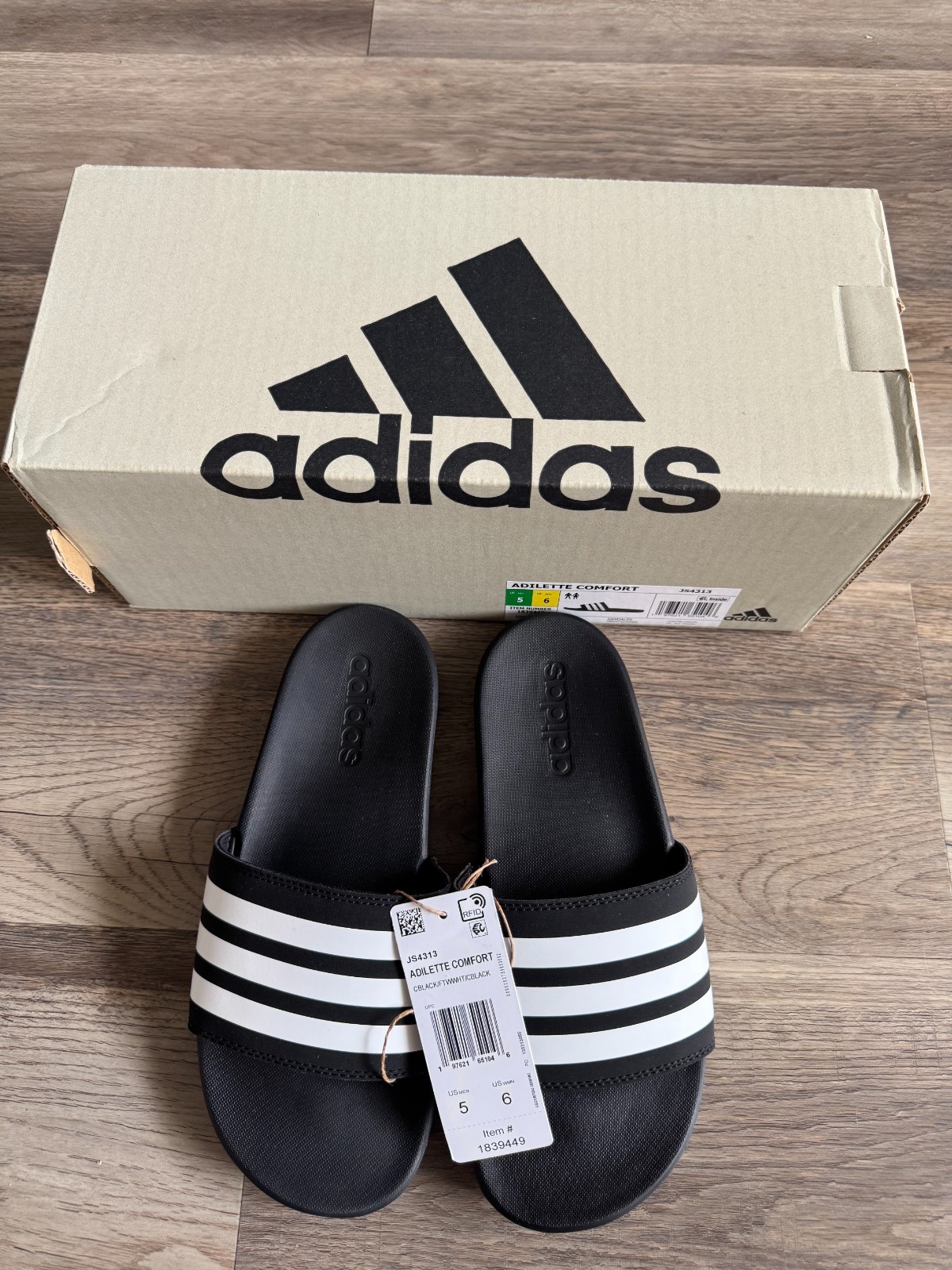 New ADIDAS Slides Adilette Comfort Black White Stripes Unisex Men’s 5 Women’s 6