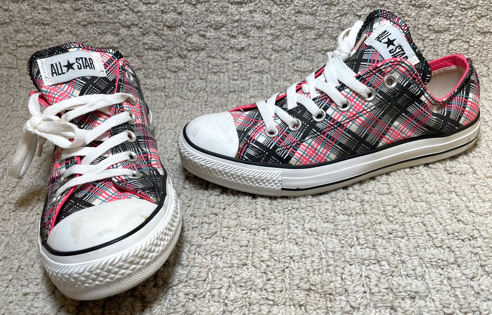 Converse All Star Sneakers Shoes Womens 9 Black Pink Green Plaid Chuck Taylor