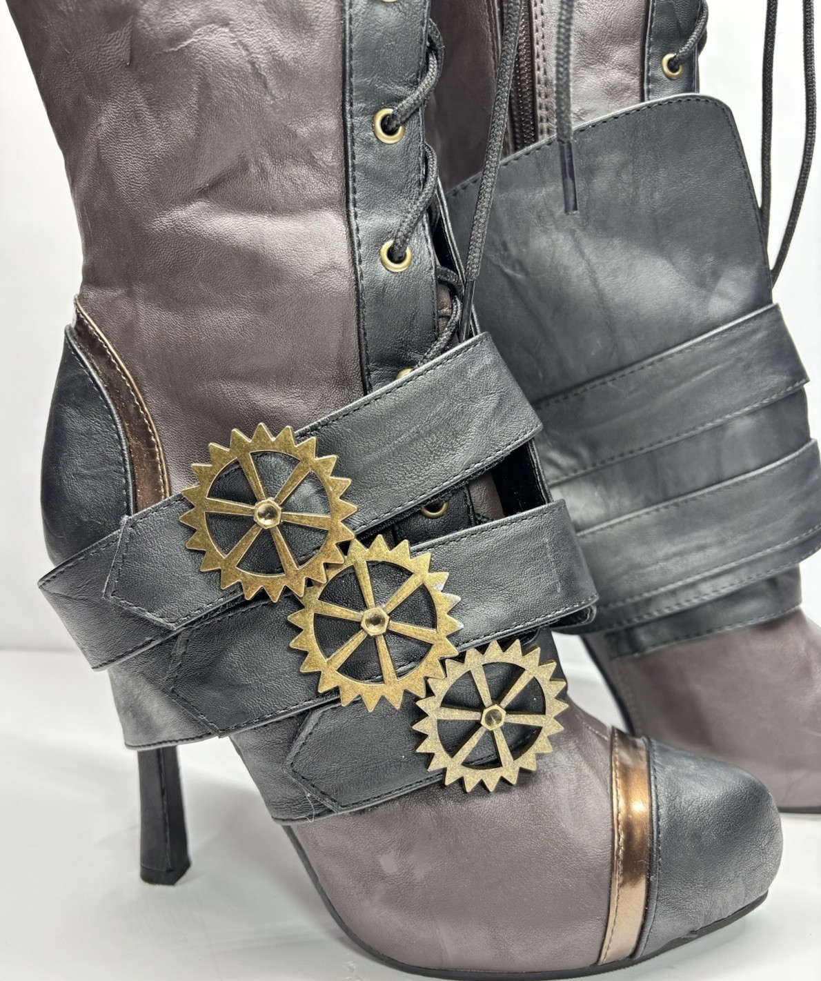 Sexy Steampunk Ren Fair Cosplay Knee High 4″ Stiletto Heel Boots Gears Sz 7