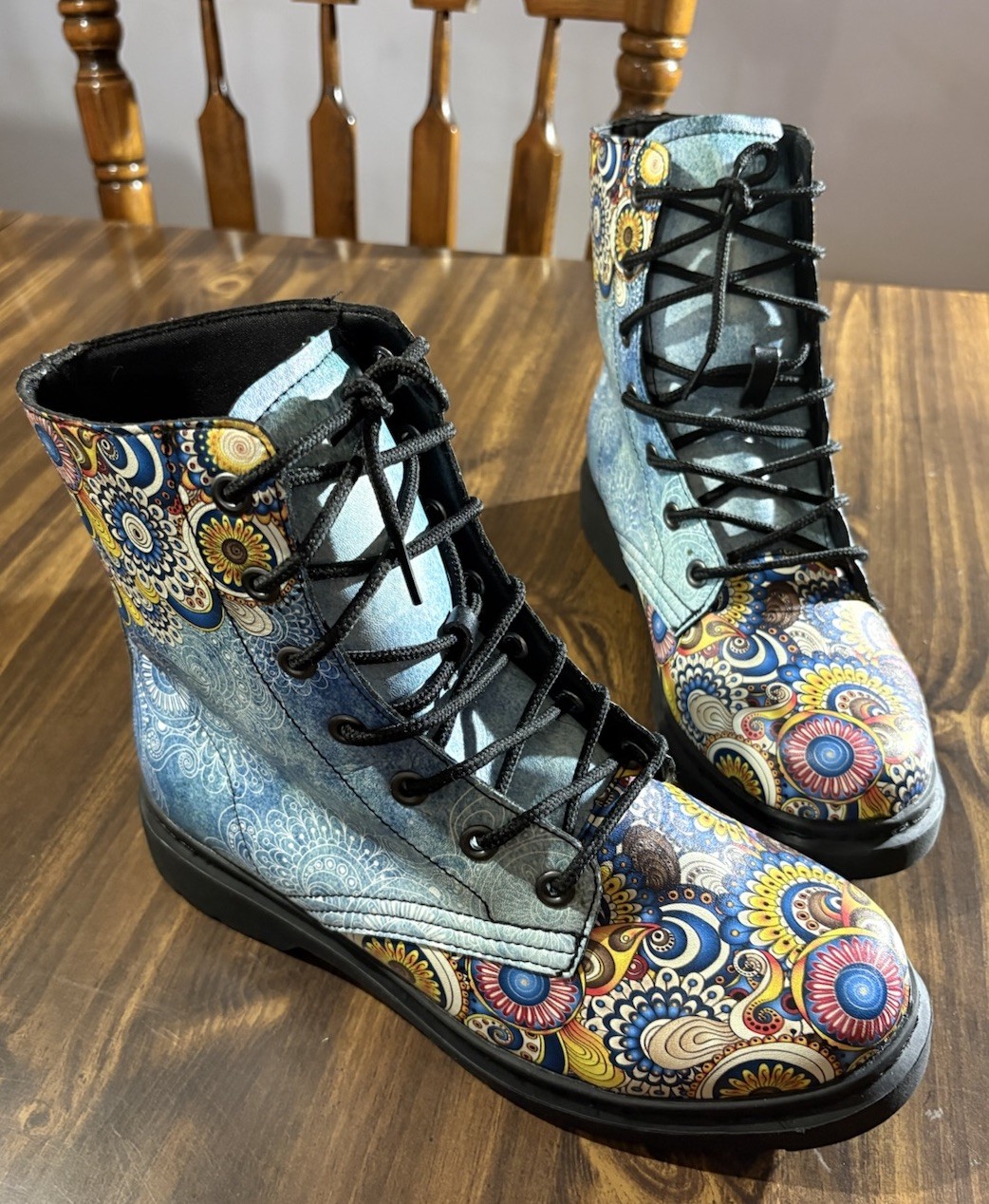 Yes We Vibe Vegan Leather Combat Boots Colorful Flower Mandala 8 Men 9.5 Women