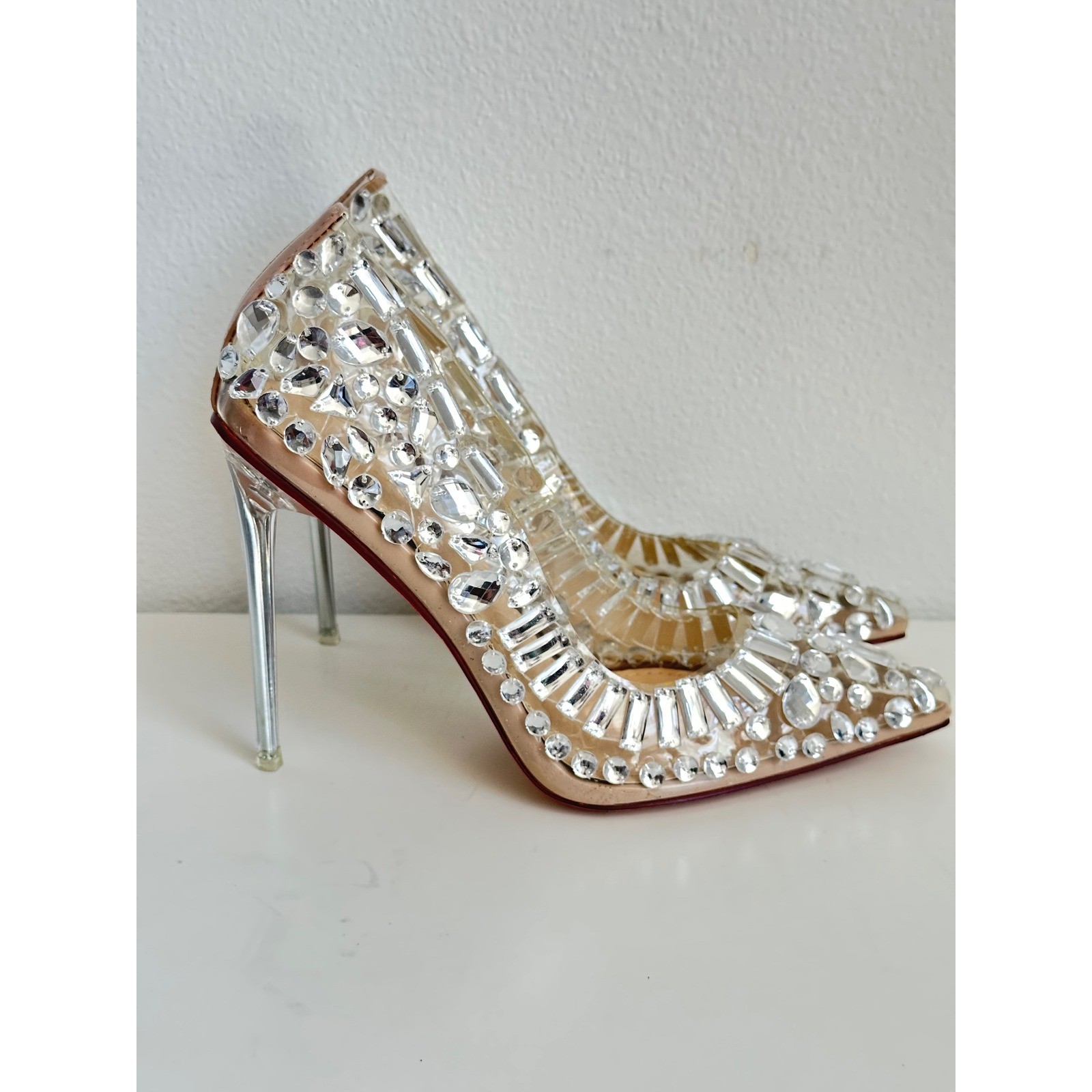 Azalea Wang Crystal Embellished Clear PVC Pointed Toe Stiletto Pumps Tan SZ 7.5