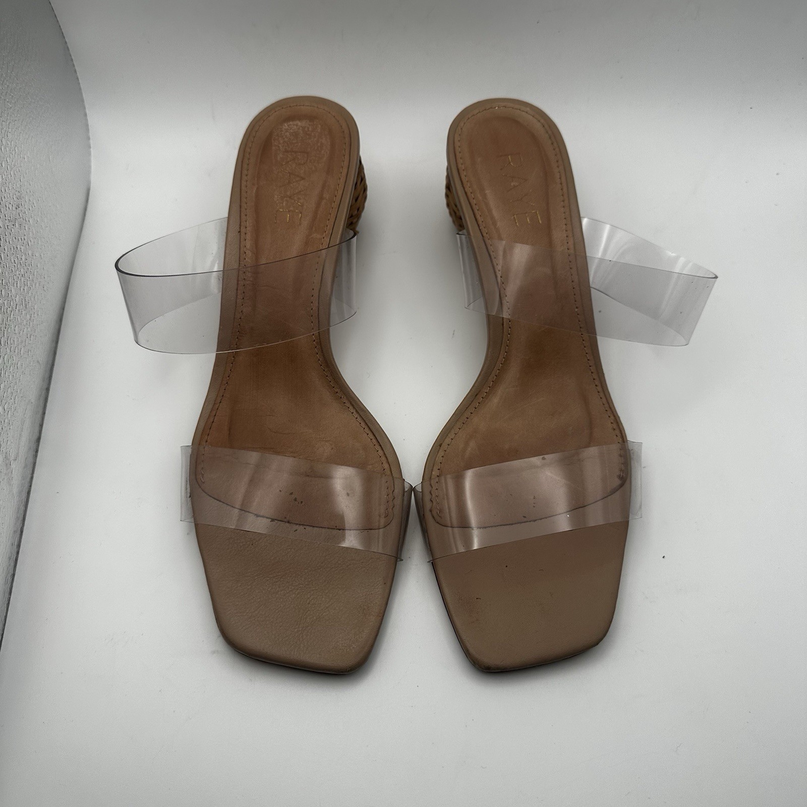 Raye Jaden Heel Nude Clear Straps Square Woven Basket Heel 7.5 Revolve Boho Chic