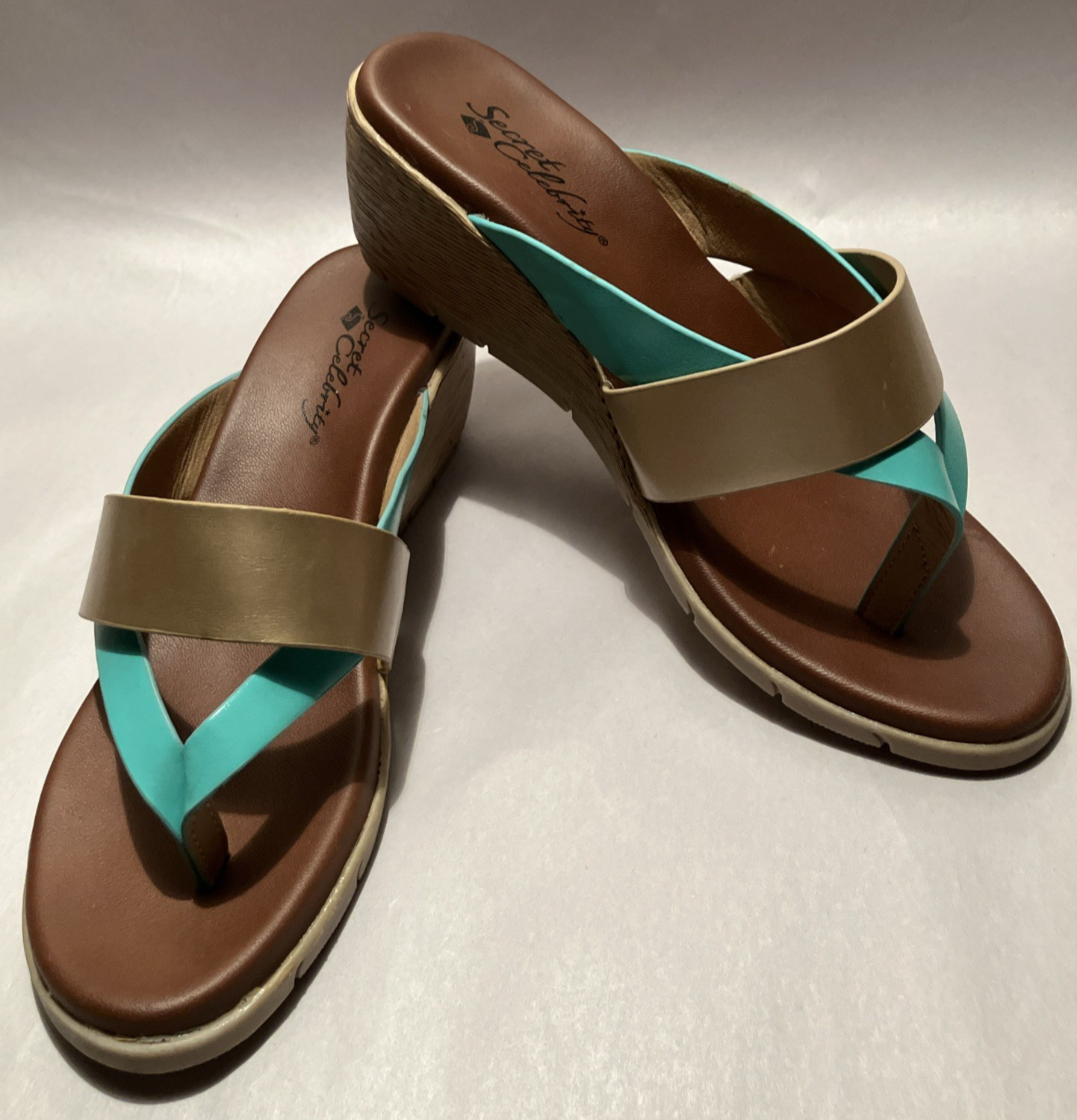 New Secret Celebrity Eclipse Women 8M Turquoise/Gold Strap 2″ Wedge Heel Sandals