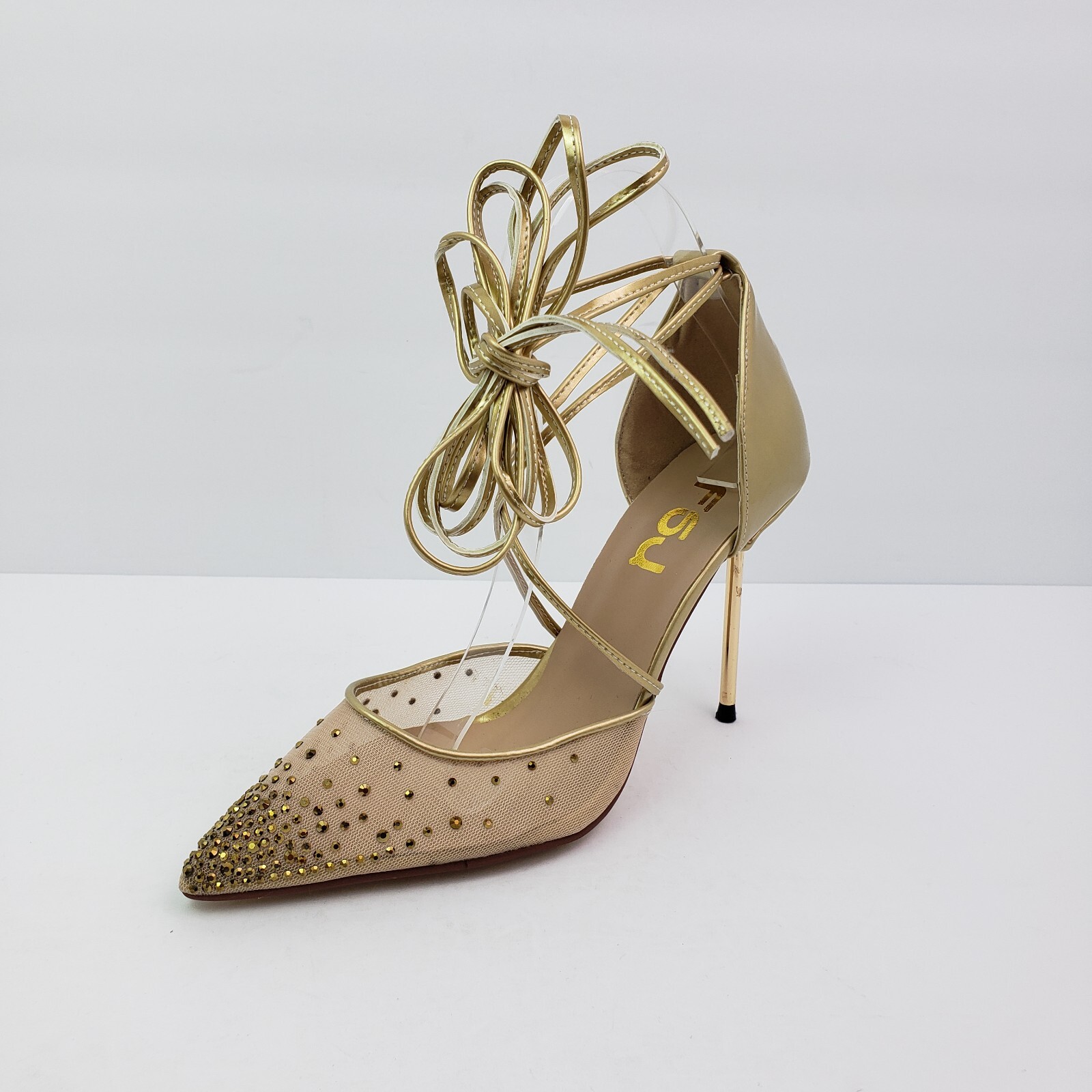 FSJ Womens Size 8 Gold Rhinestone Fashion Leg Ties Stiletto 4″Heels Pumps Shoes