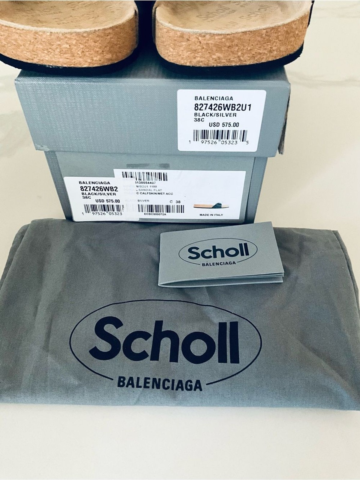 Balenciaga x Scholl Flat Slide Sandals Black Silver Leather EU 38 / US 8 NIB