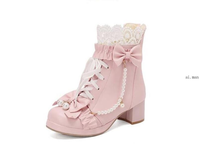 Women Bow Round Toe Block Heel Ankle Boot Lace Lolita Boot Sweety Mary Jane Shoe