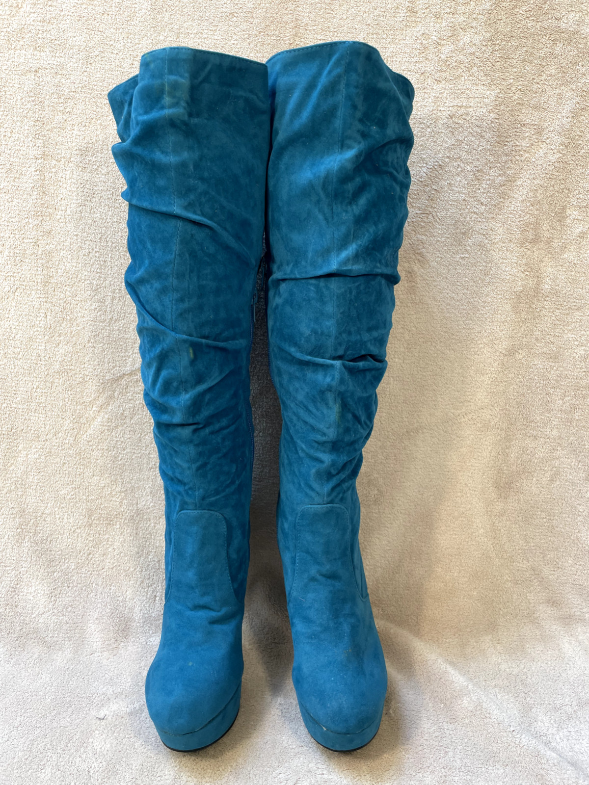 High Heels 18″ Knee-High 5.5″ Platform Stiletto Blue Faux Suede Zipper Sz7 Machi