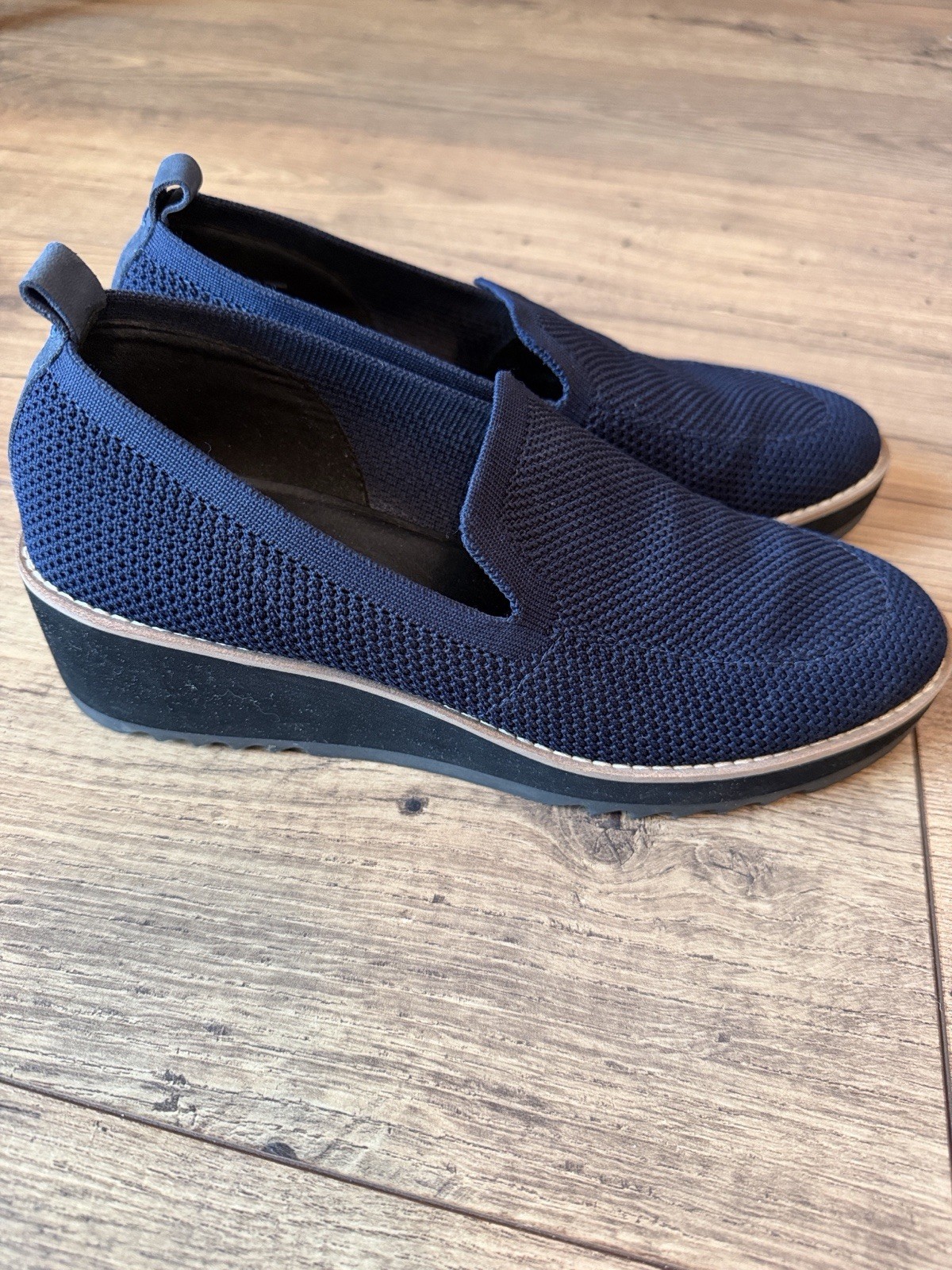Eileen Fisher Lindy Recycled Stretch Knit Platform Wedge Loafer Shoes Navy 8